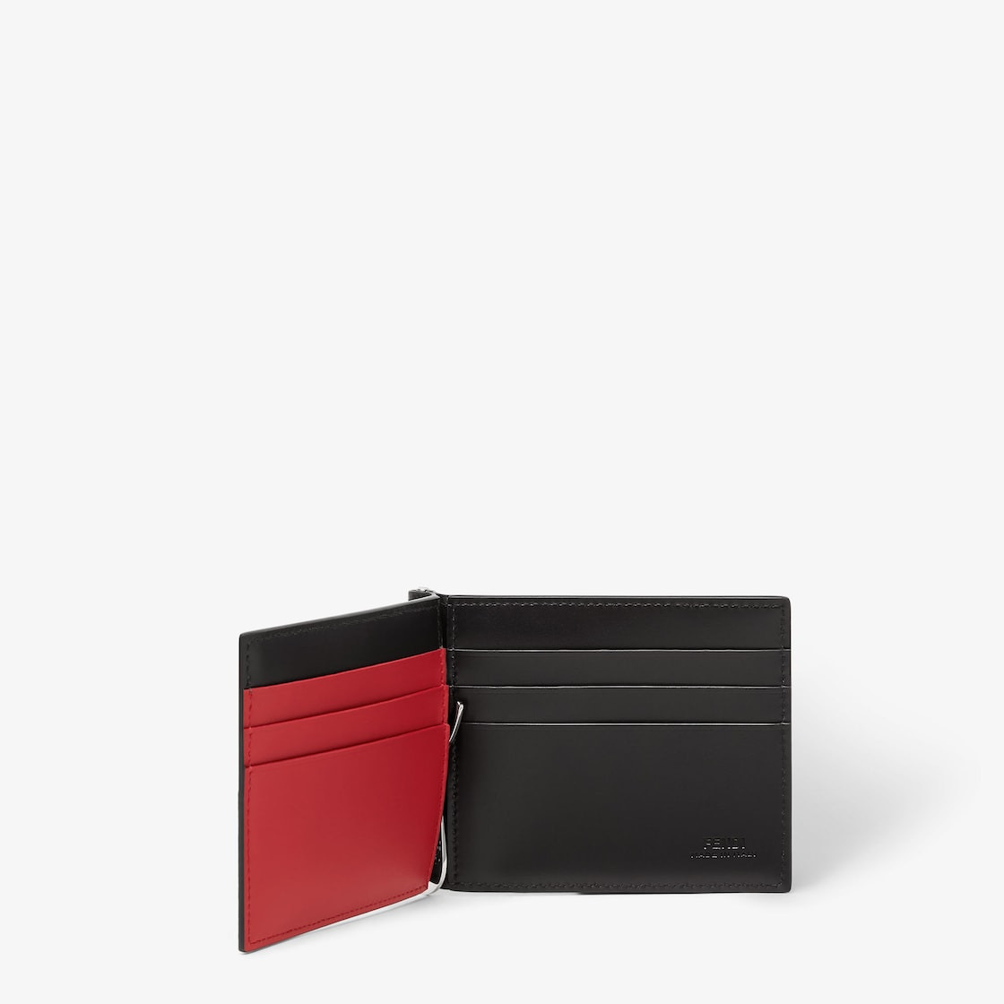 Flip-cover money clip with interior organized into six card slots. Made of black leather with emboss - 2