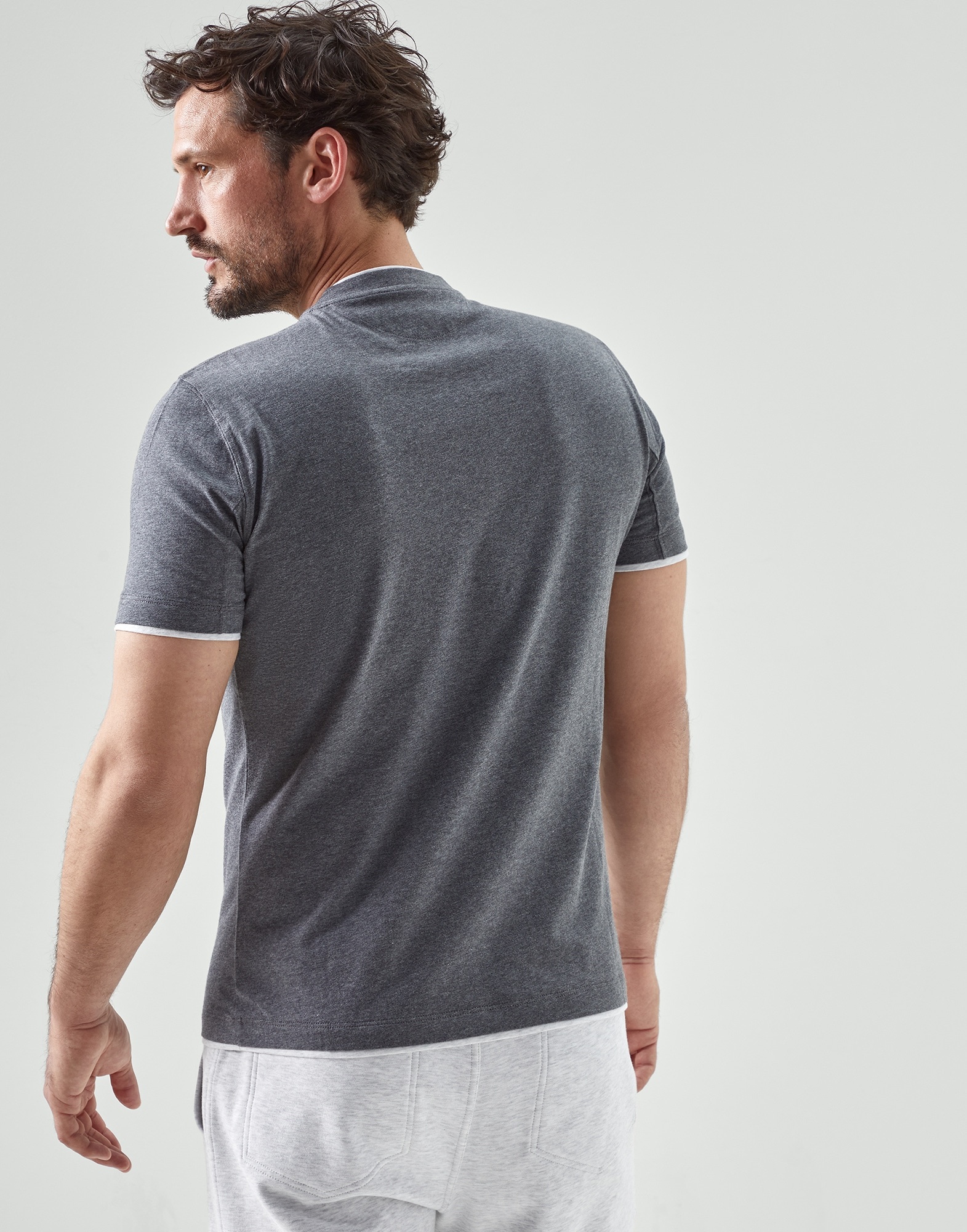 Cotton jersey round neck slim fit T-shirt with faux-layering - 2