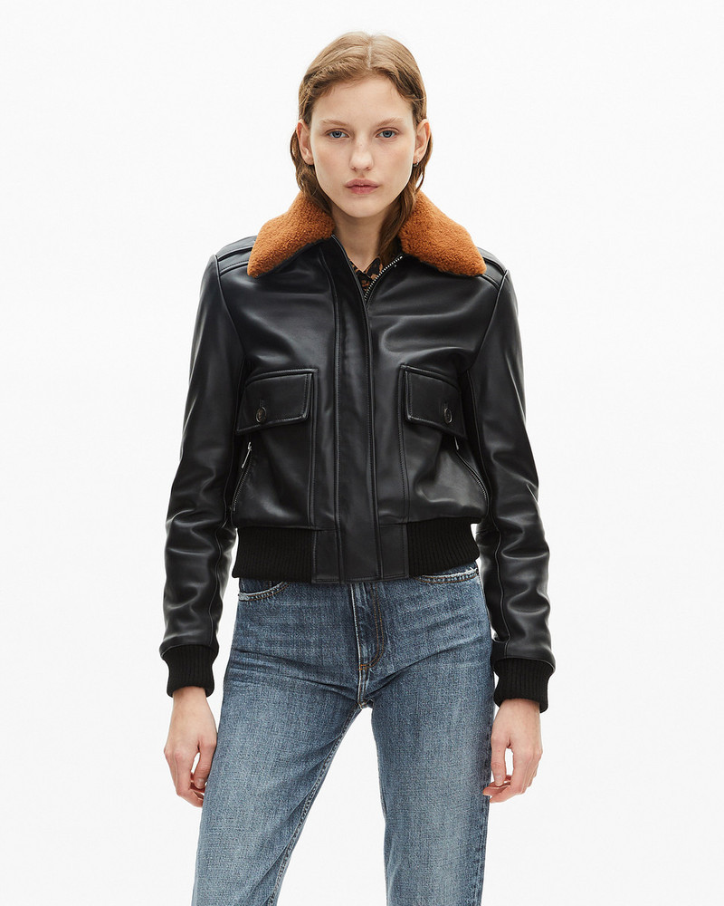 SHORT BLACK SMOOTH LEATHER JACKET WITH SHERPA COLLAR 3