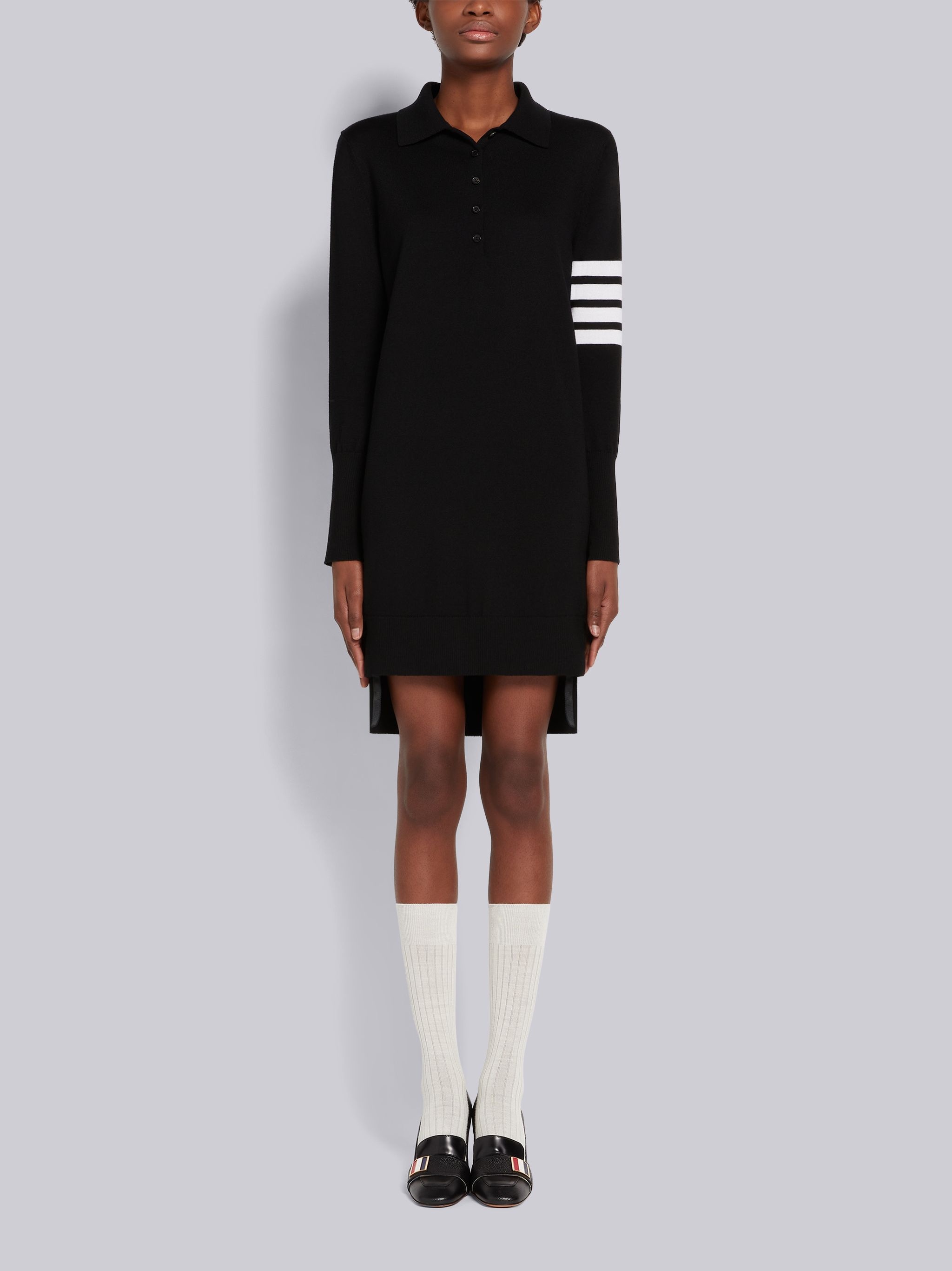 Black Fine Merino Wool 4-Bar Mrs. Thom Intarsia Long Sleeve Mini Polo Dress - 1