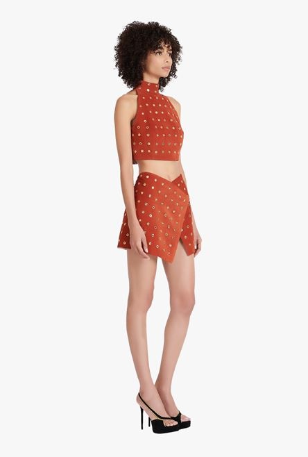 Balmain x Netflix -Short terracotta and golden suede skirt - 7