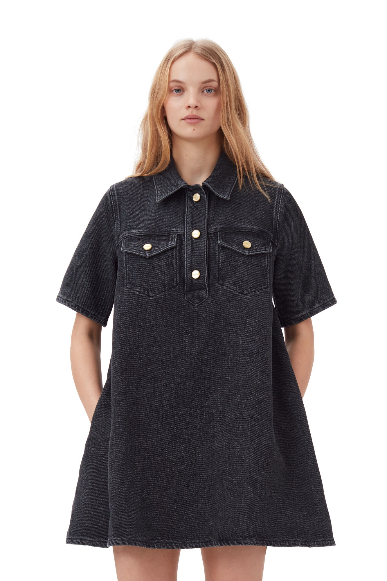 washed black heavy denim mini dress Washed Denim Halter Neck Sleeveless Mini Dress Blue Small / Blue