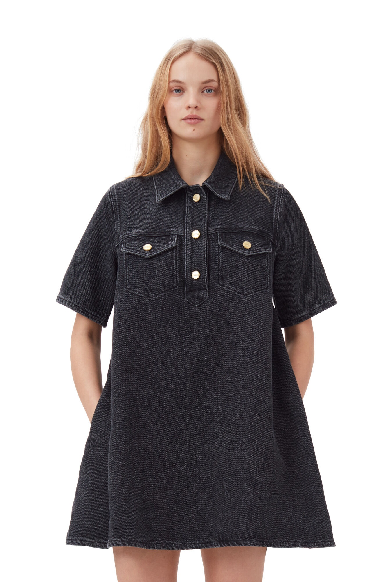 WASHED BLACK HEAVY DENIM MINI DRESS - 3