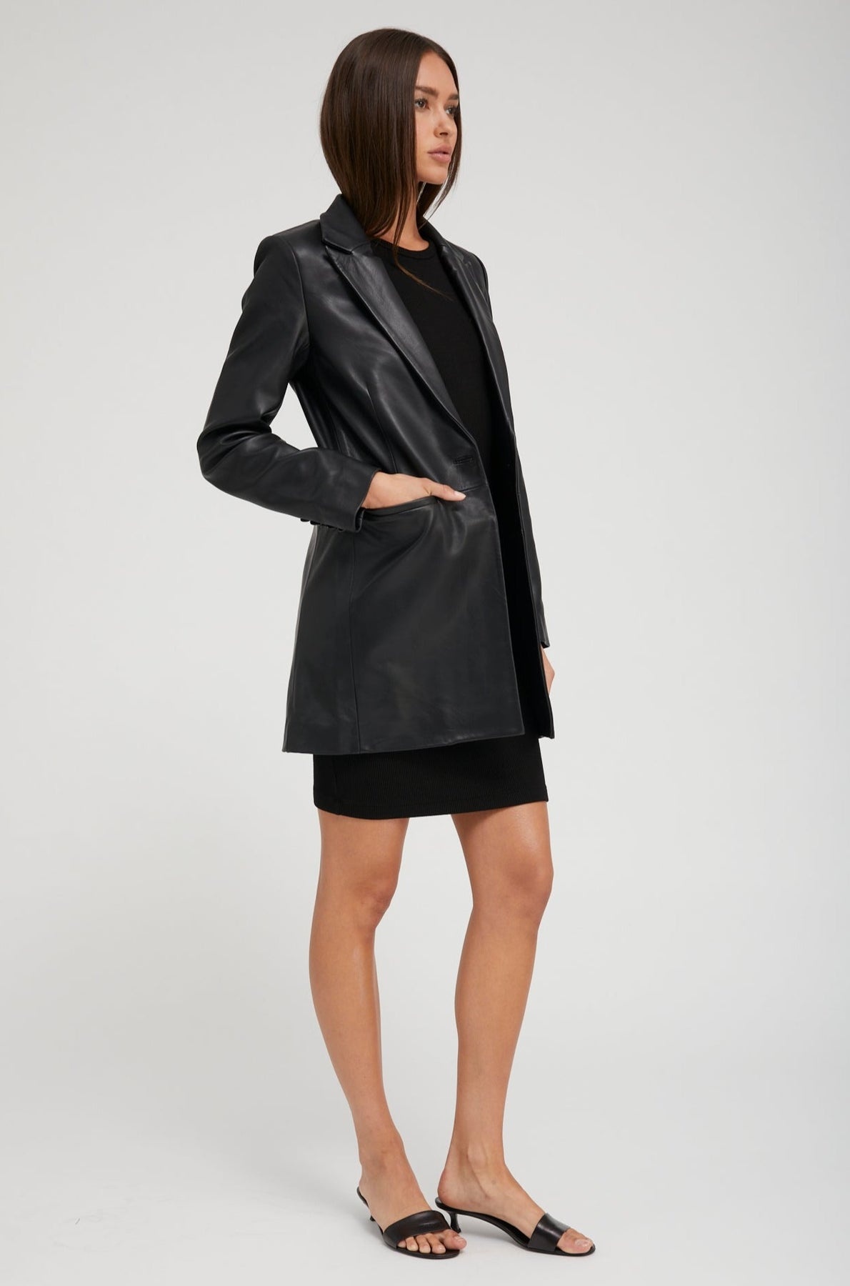 BLACK LEATHER BLAZER COAT - 9