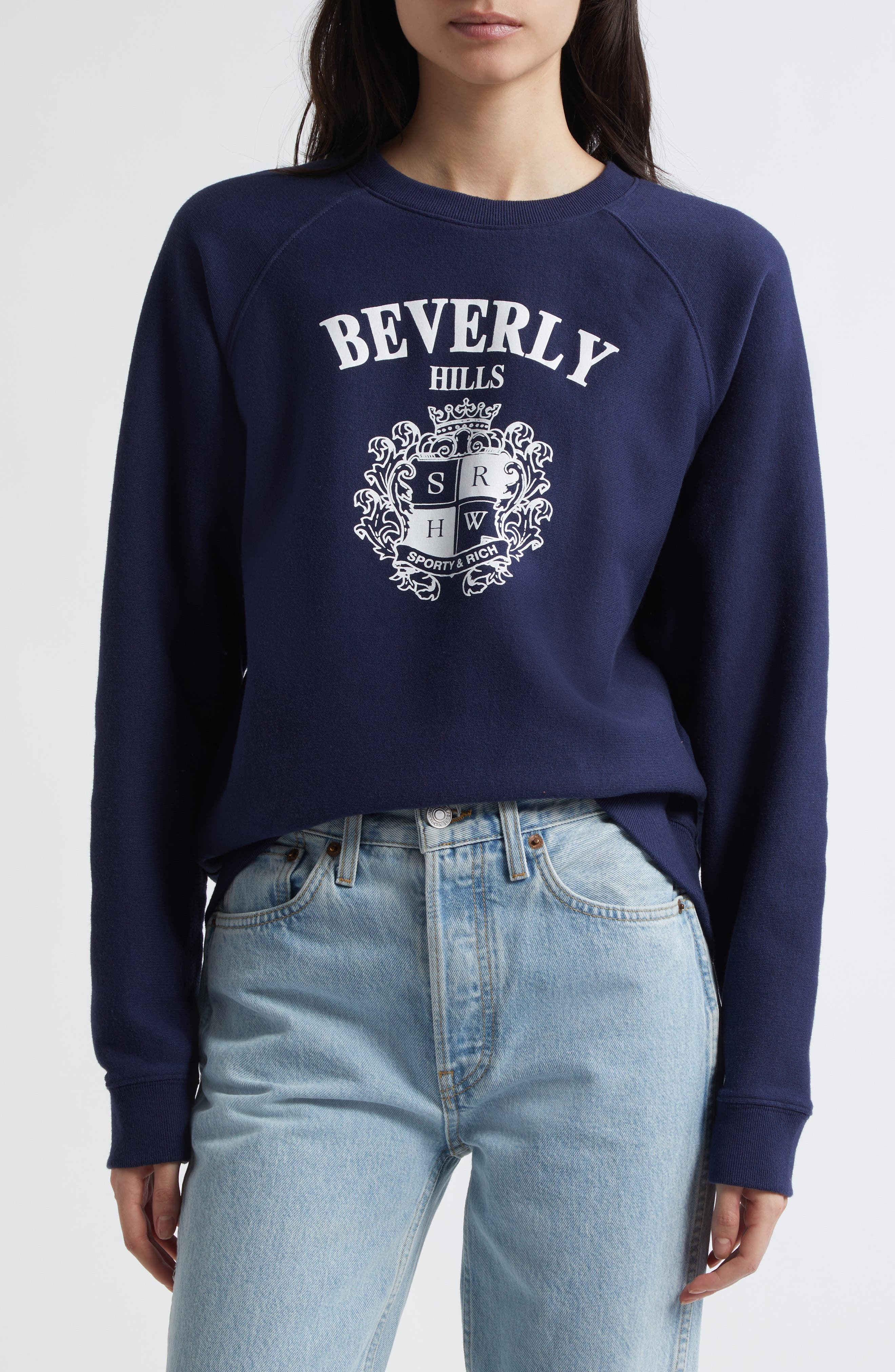 Sporty & Rich Beverly Hills Crest Graphic Sweatshirt in Dark Navy at Nordstrom - 1