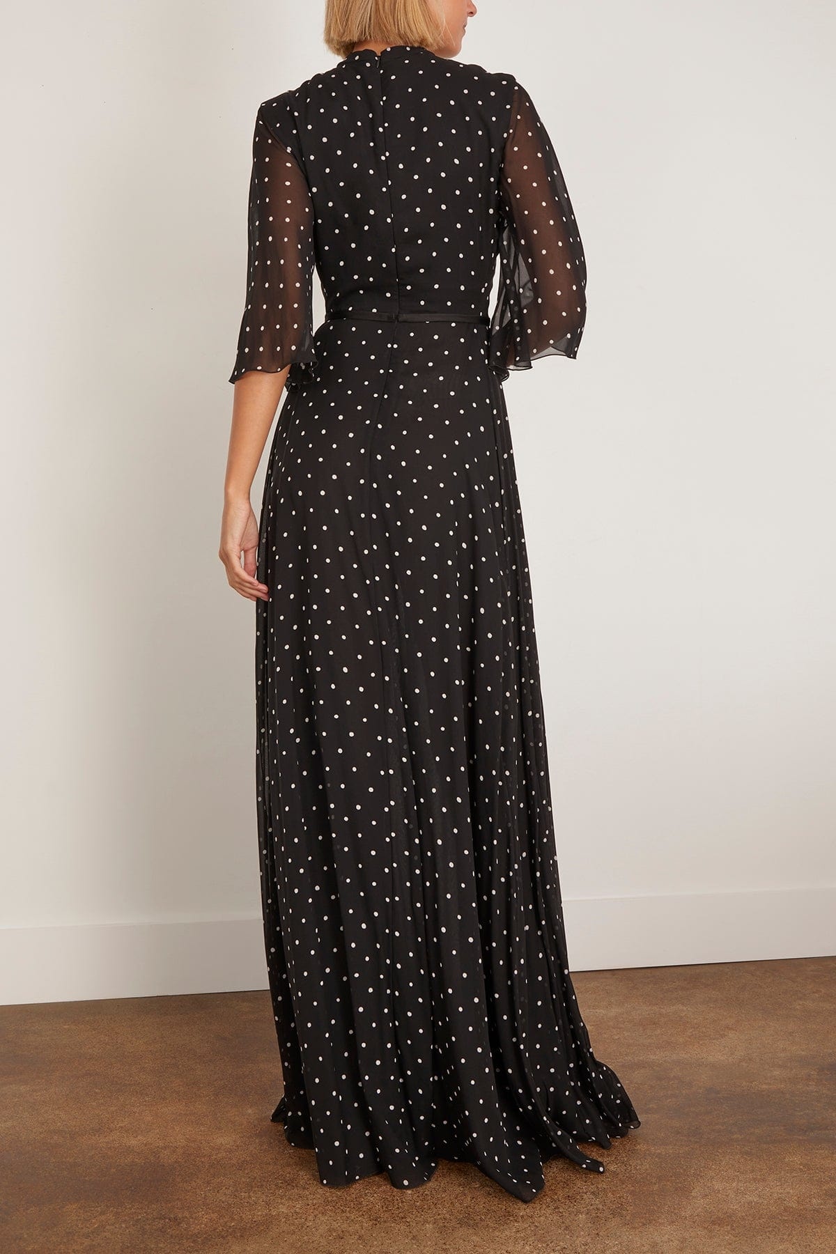 Long Silk White Polka Dots Dress in Black - 4