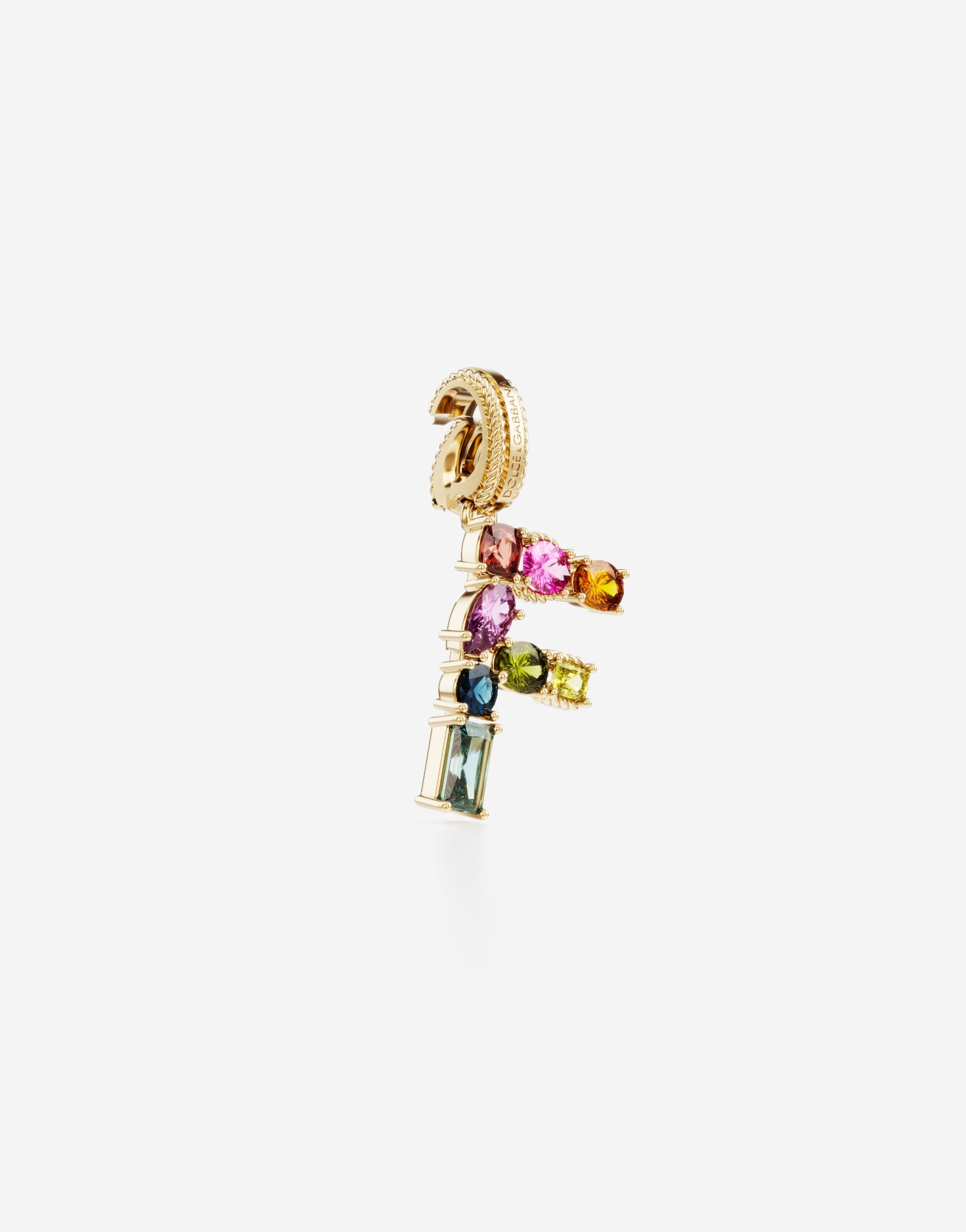 Rainbow alphabet F 18 kt yellow gold charm with multicolor fine gems - 2