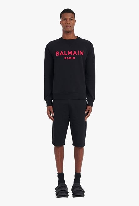 Black cotton sweatshirt with flocked fuchsia Balmain logo - 4