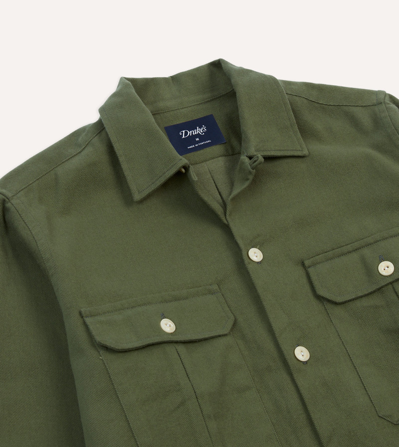 Olive Brushed Cotton Twill Two-Pocket Camp Collar Work Shirt 3