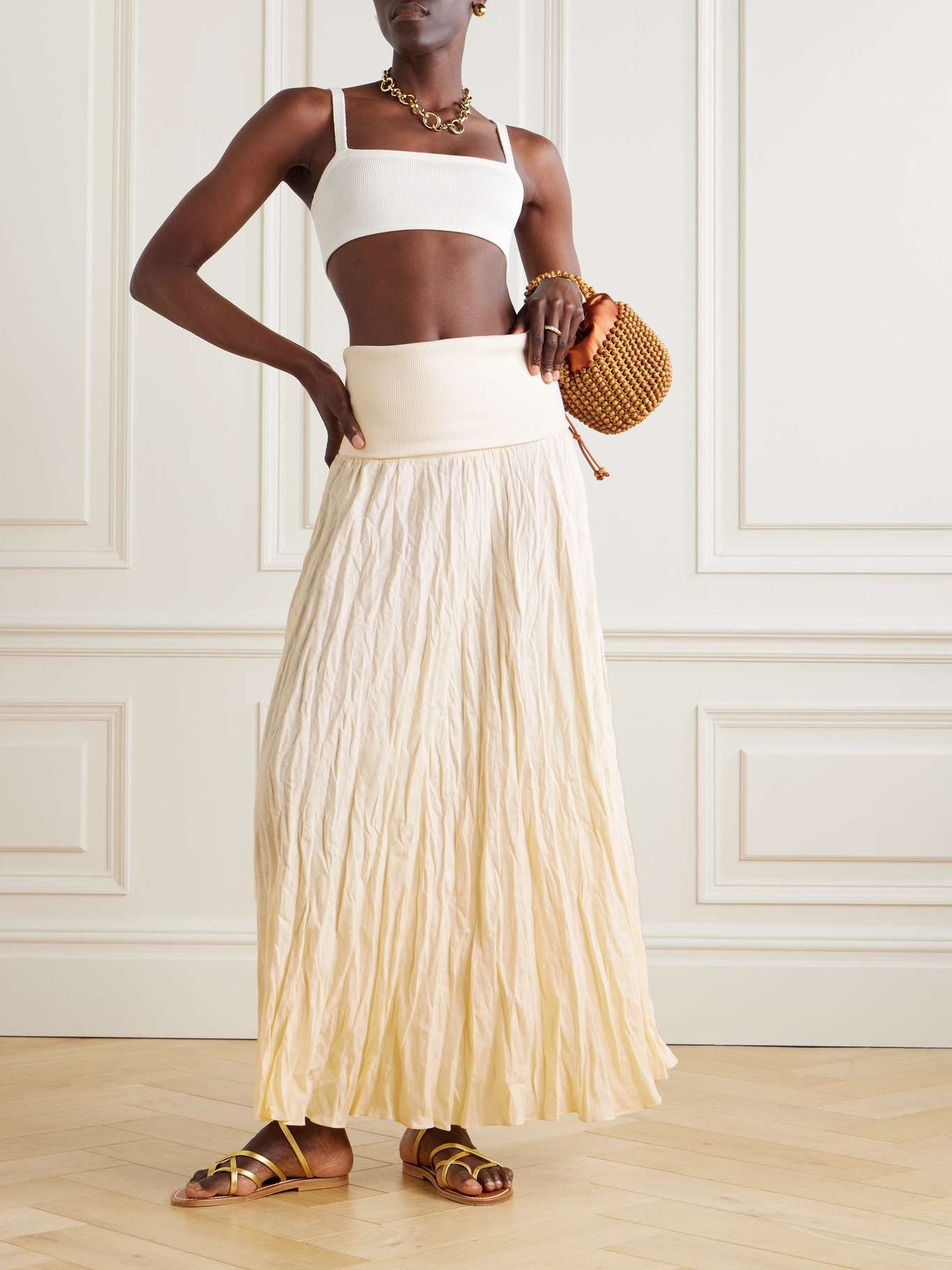 Ribbed jersey-trimmed linen-blend maxi skirt - 2