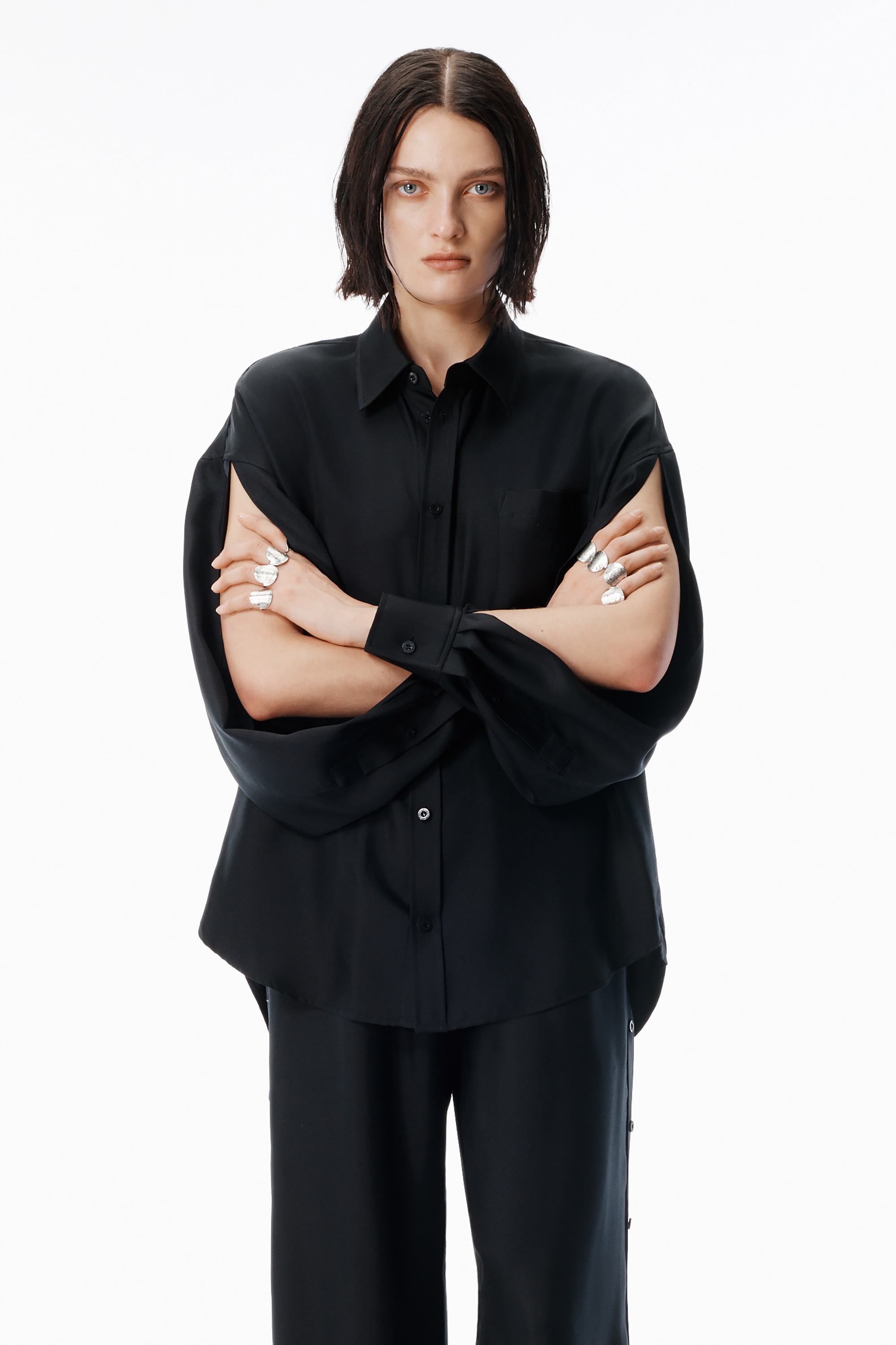Black Silk Slashed Sleeve Shirt - 2