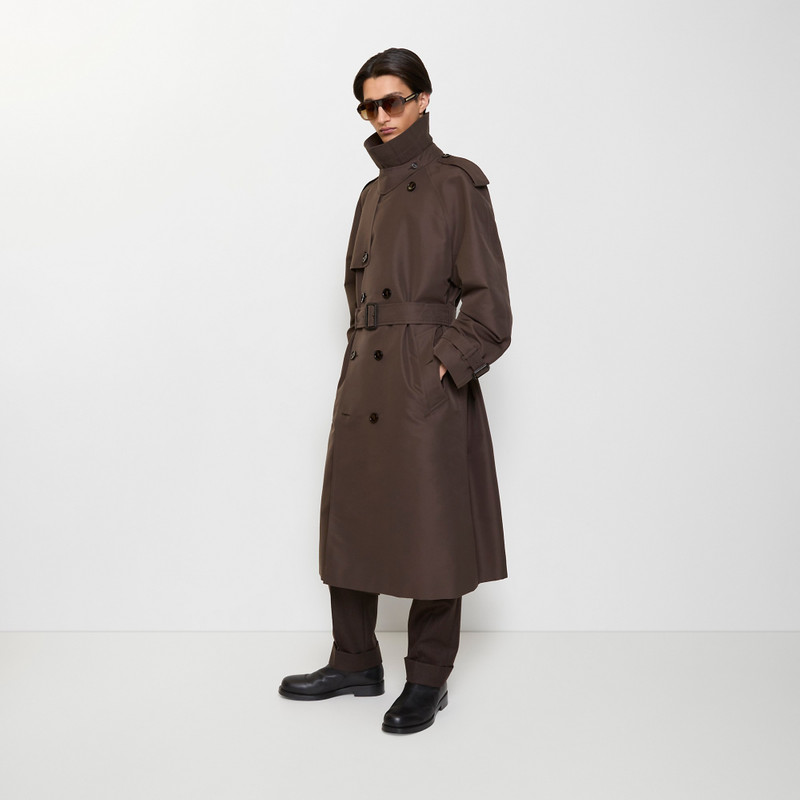 Long Check Collar Silk Cotton Trench Coat 3