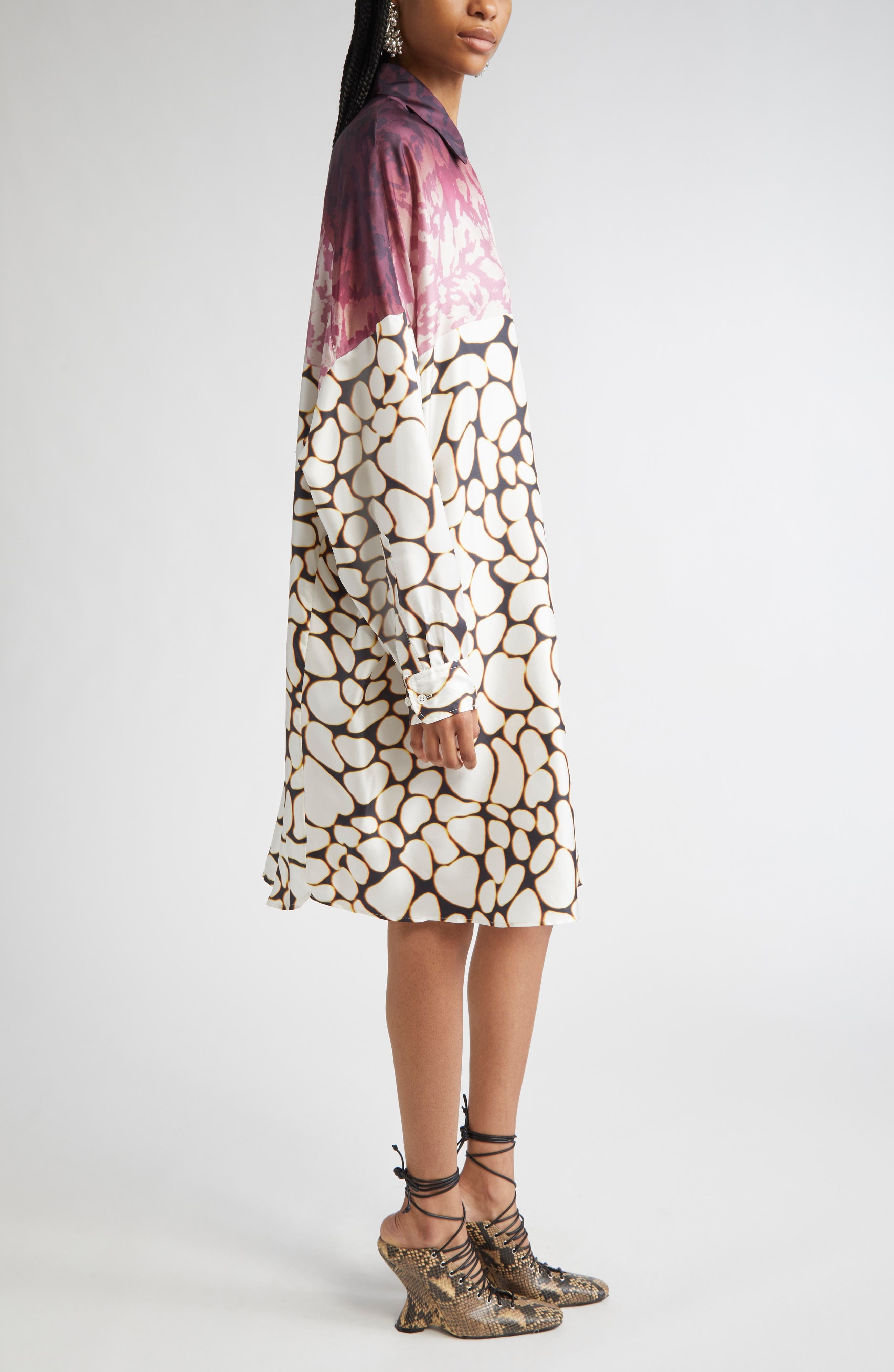 Dries Van Noten Mixed Print Oversize Silk Shirtdress in Off White at Nordstrom - 3