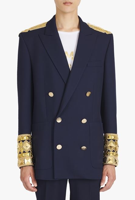 Navy blue twill blazer with double-breasted gold-tone buttoned fastening - 5
