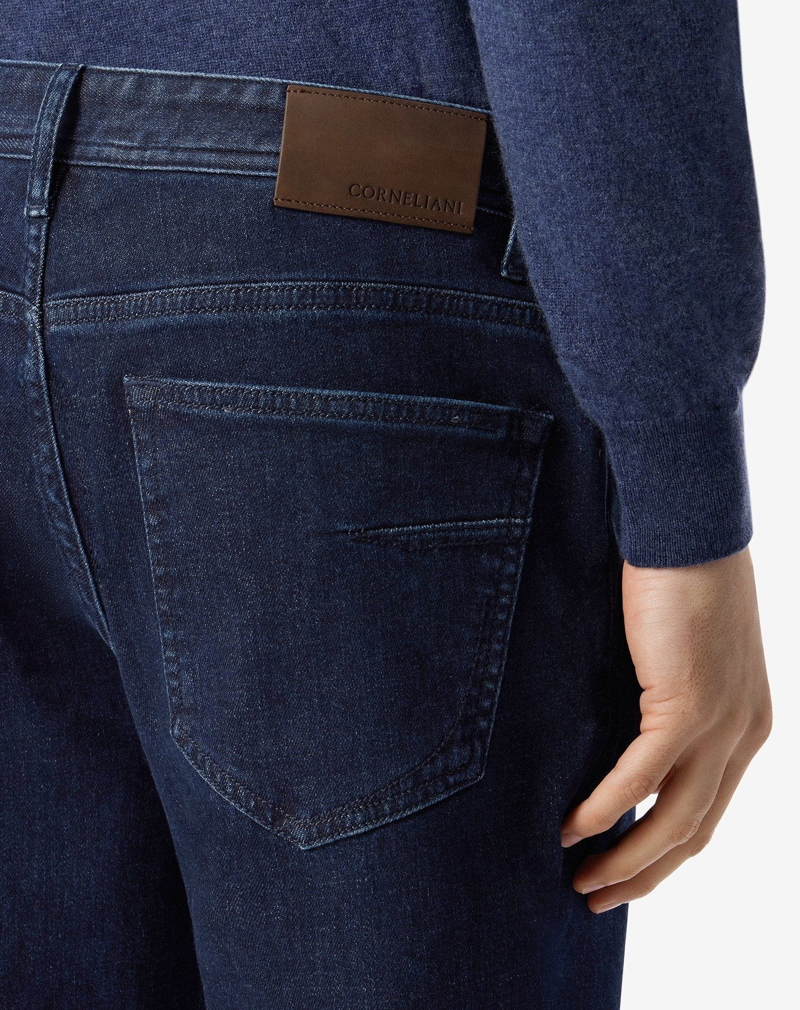 Navy blue stretch denim 5-pocket trousers - 4