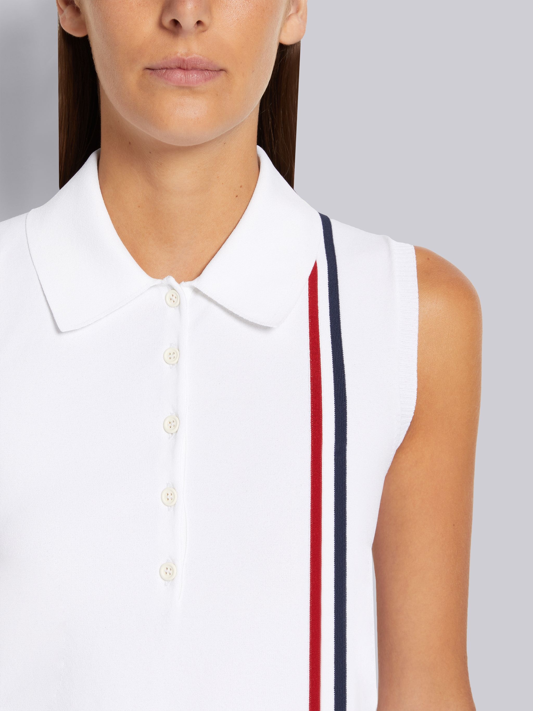 White Jersey Stitch Stretch Viscose Stripe Sleeveless Polo - 5
