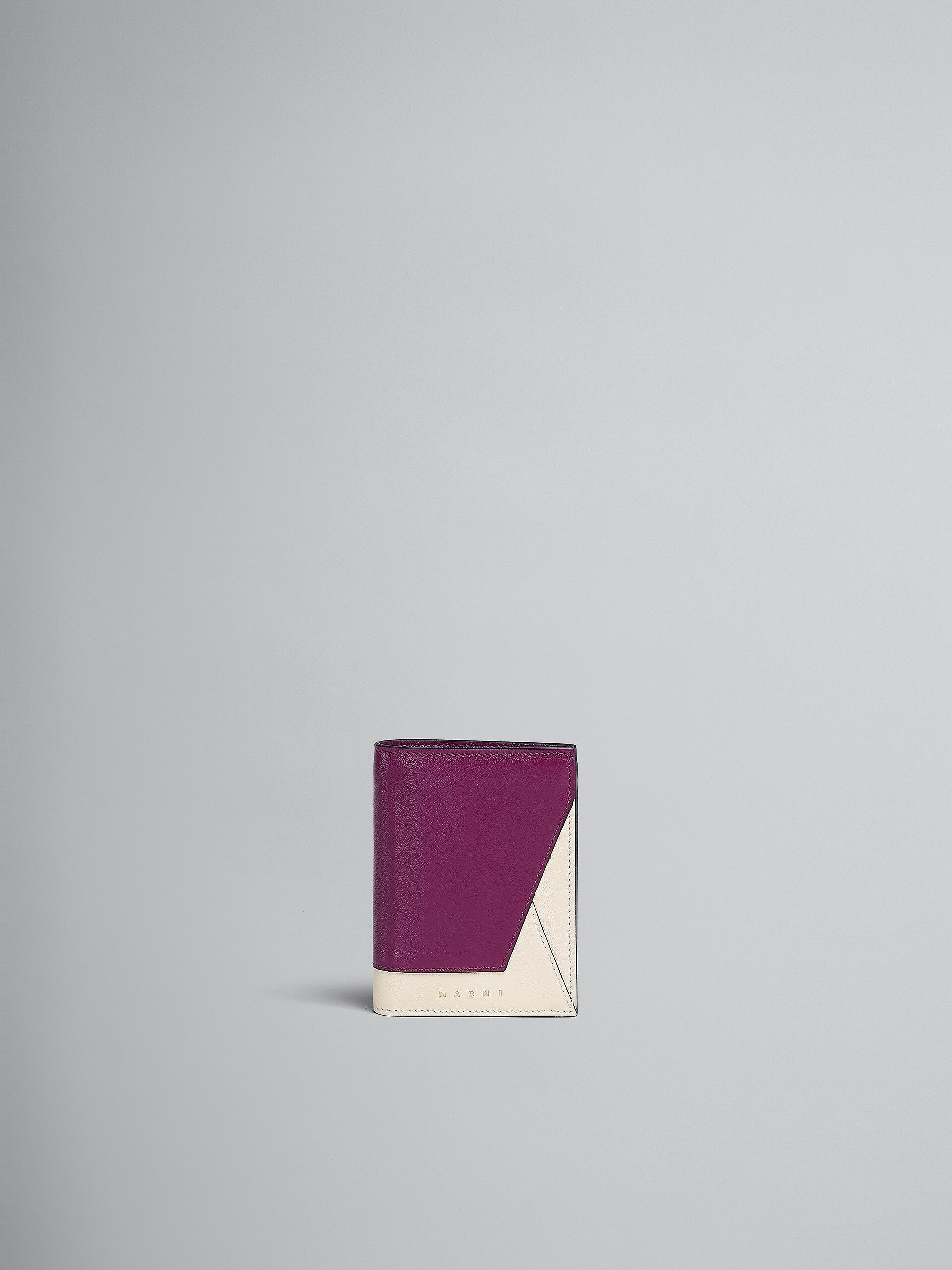 PURPLE AND WHITE LEATHER BI-FOLD WALLET - 1