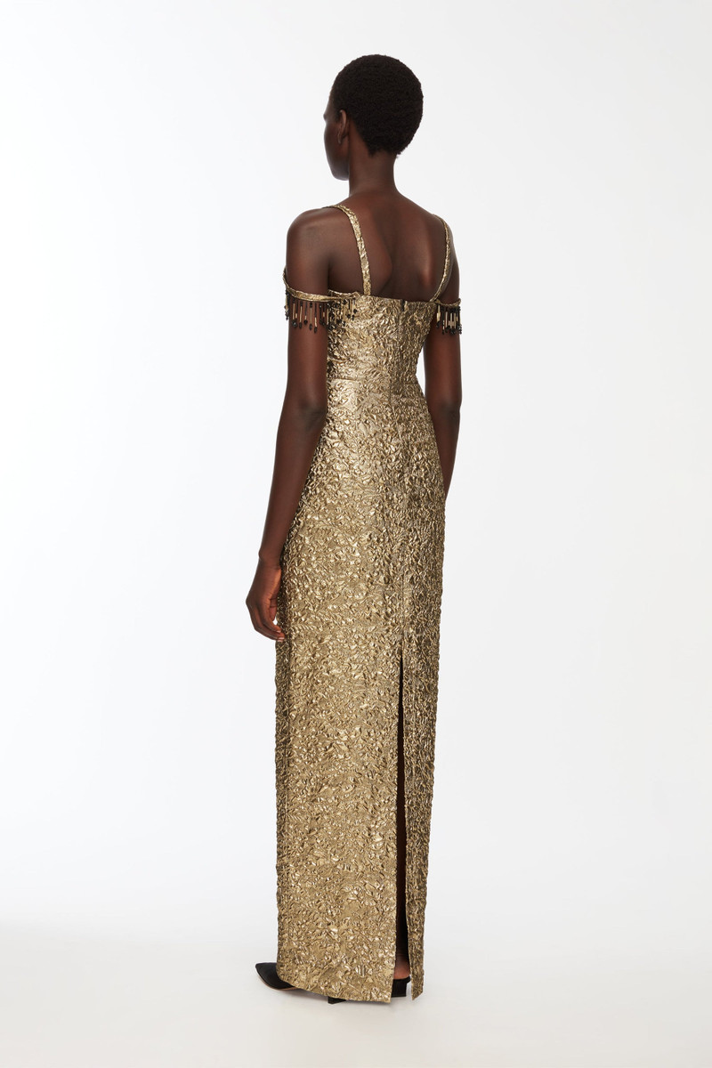 Morphita Dress In Gold Double Warp Floral 4