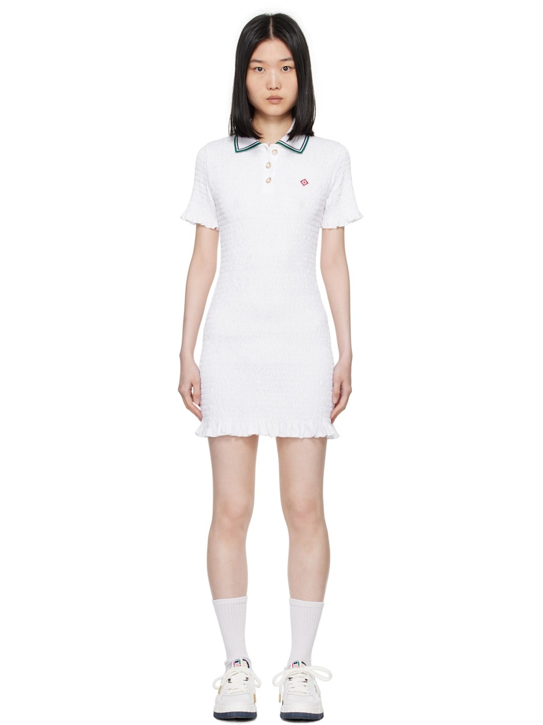 White Shirred Minidress - 1