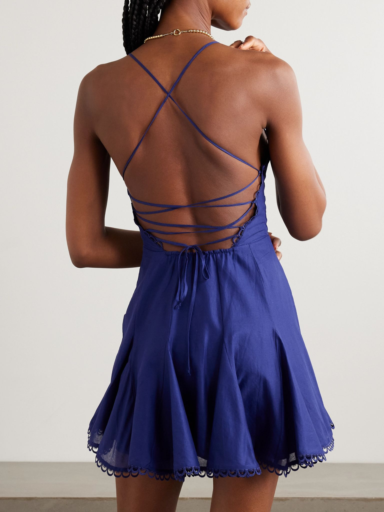 Marlene pleated guipure lace-trimmed cotton-blend voile mini dress Navy - 3