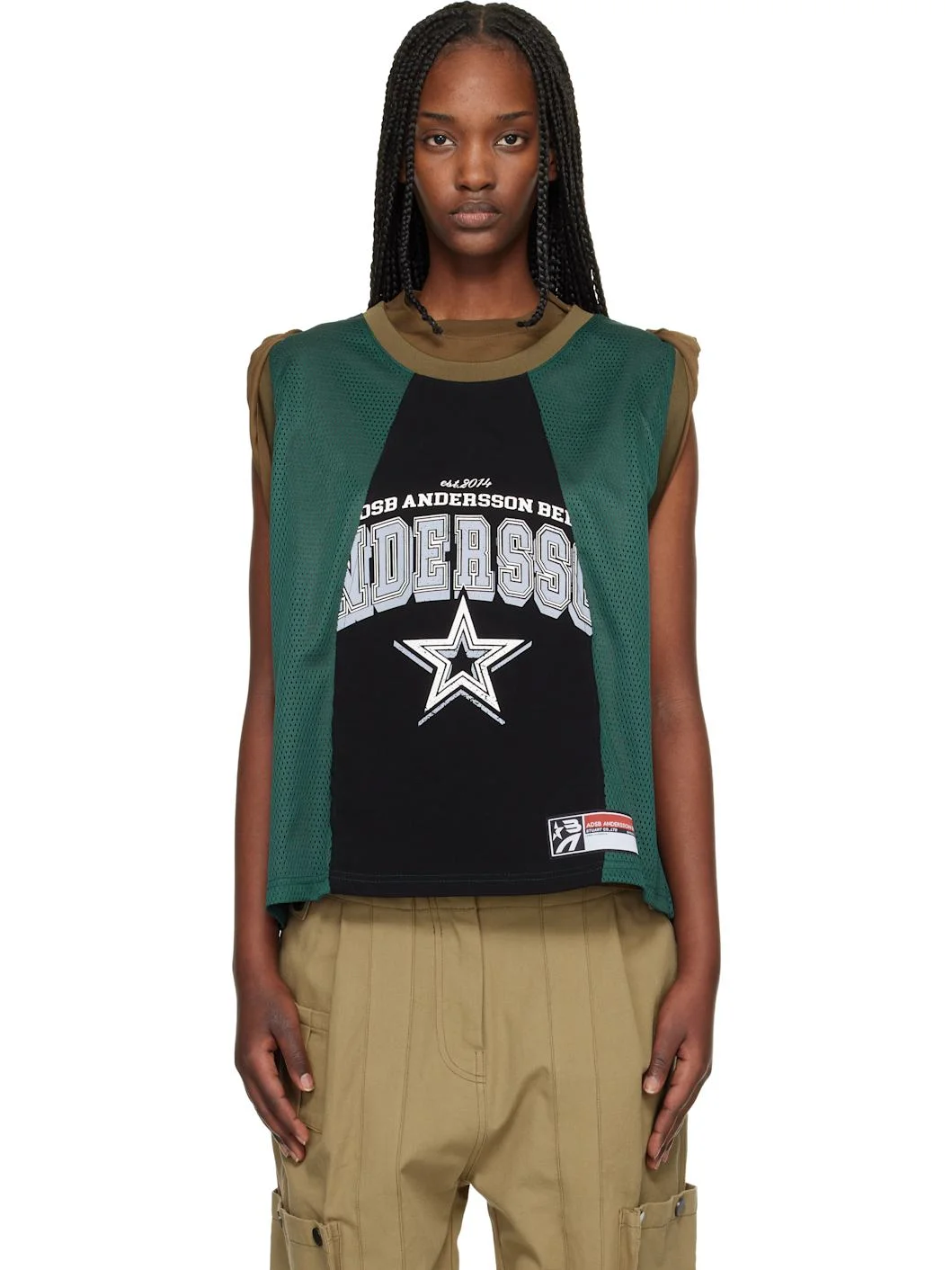 Khaki & Green Layered Roll Up Basketball Jersey T-shirt - 1