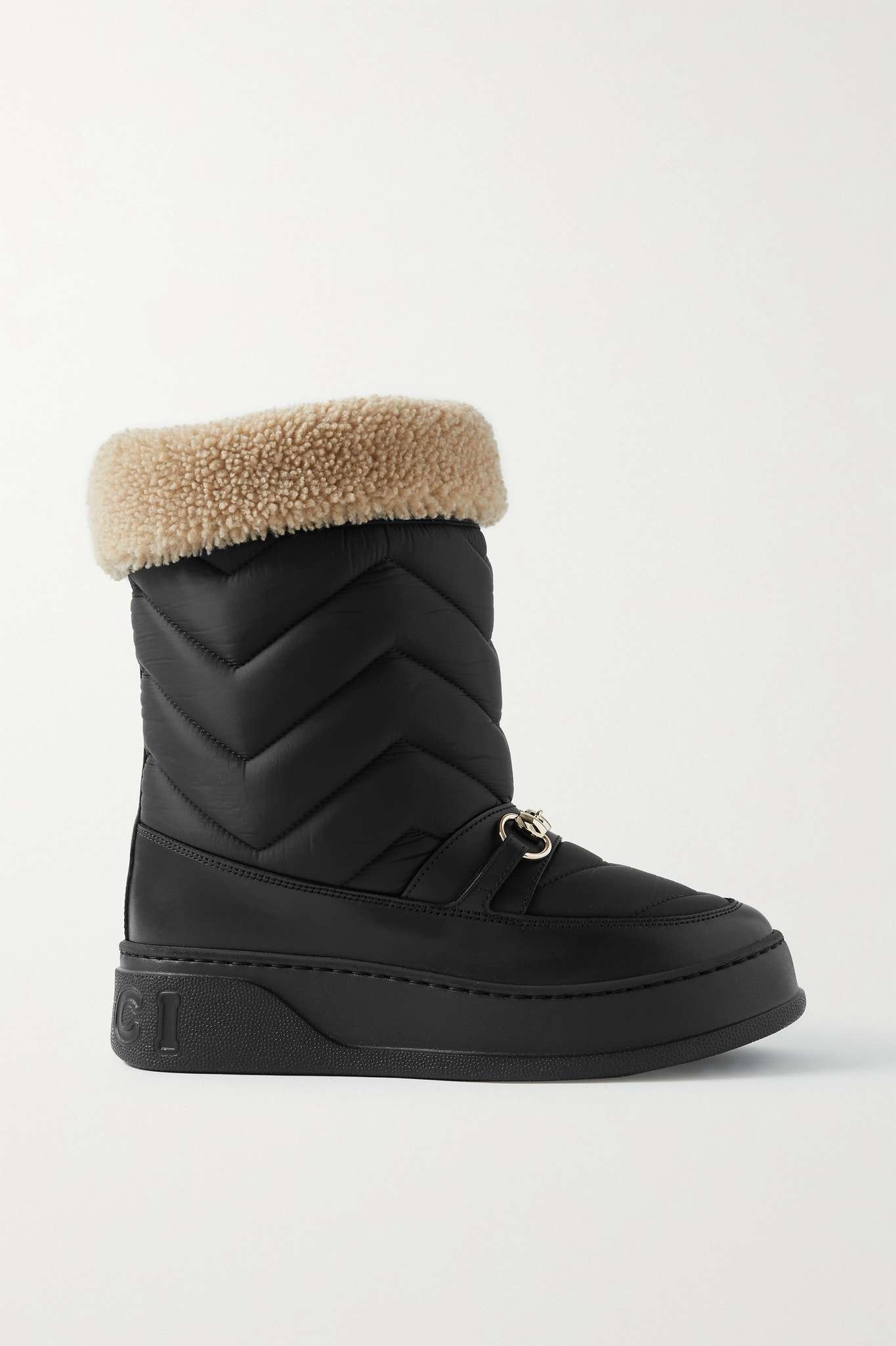 Horsebit shearling and leather-trimmed logo-print felt snow boots - 1