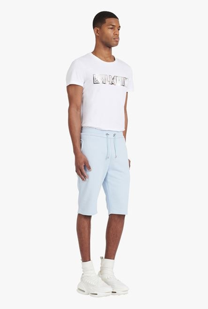 Pale blue eco-designed cotton shorts with flocked white Balmain Paris logo 7
