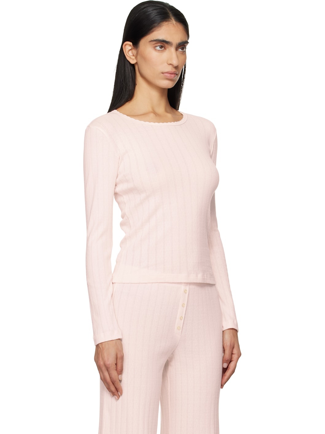 Pink Pointelle Slim Fit Long Sleeve T-shirt - 2
