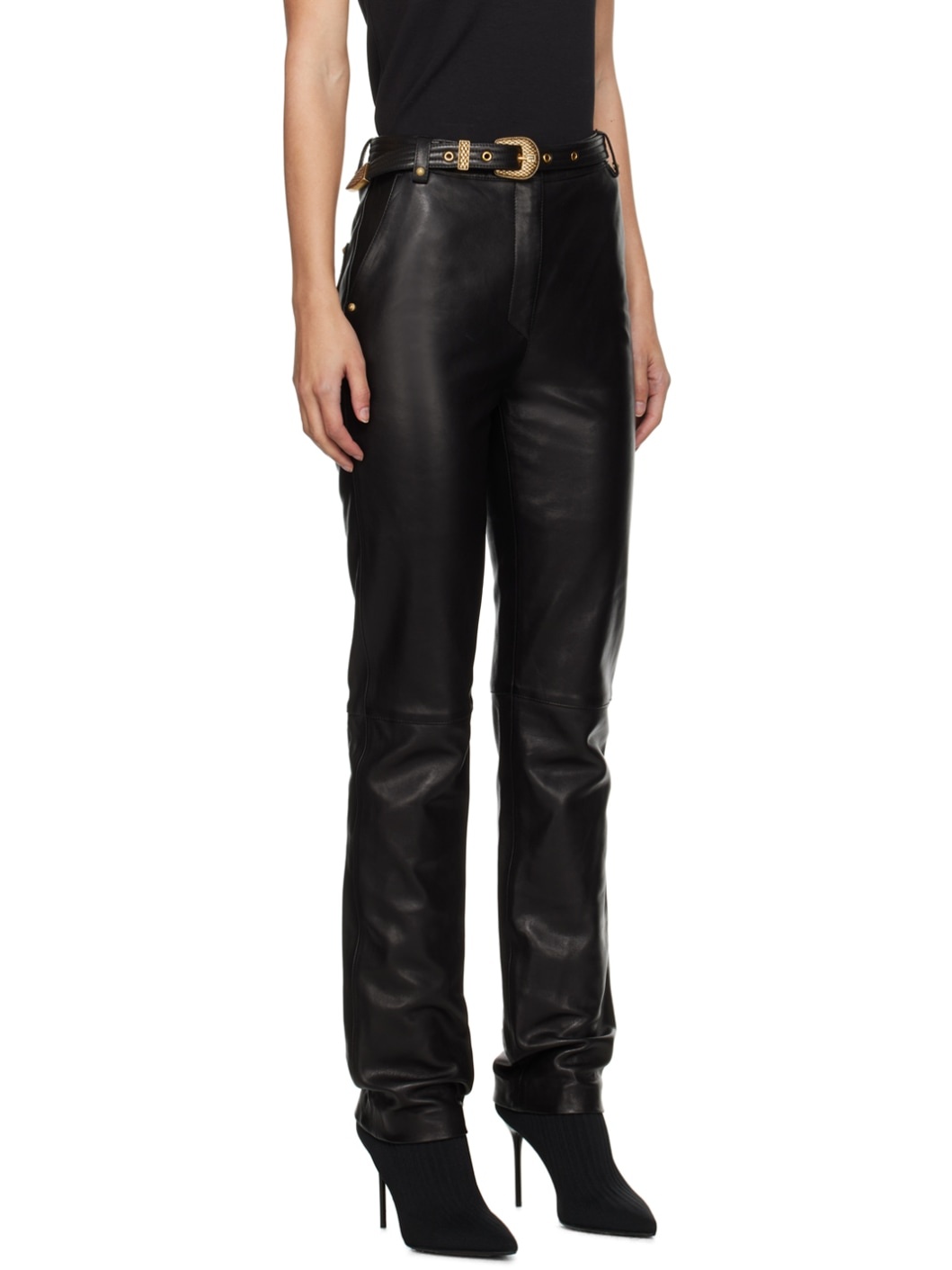 Black Belted Leather Trousers - 2