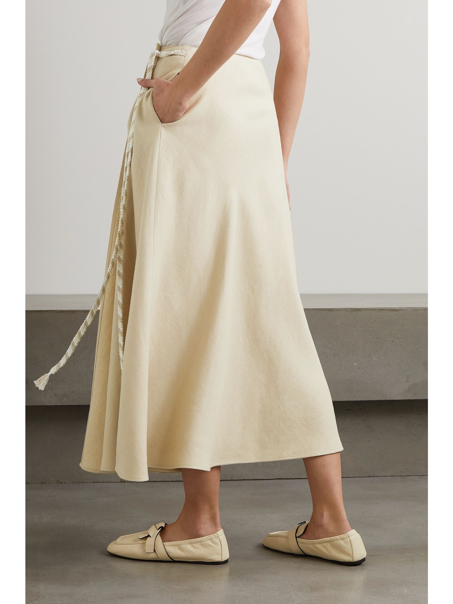 Antigua tie-detailed linen midi wrap skirt Beige - 3