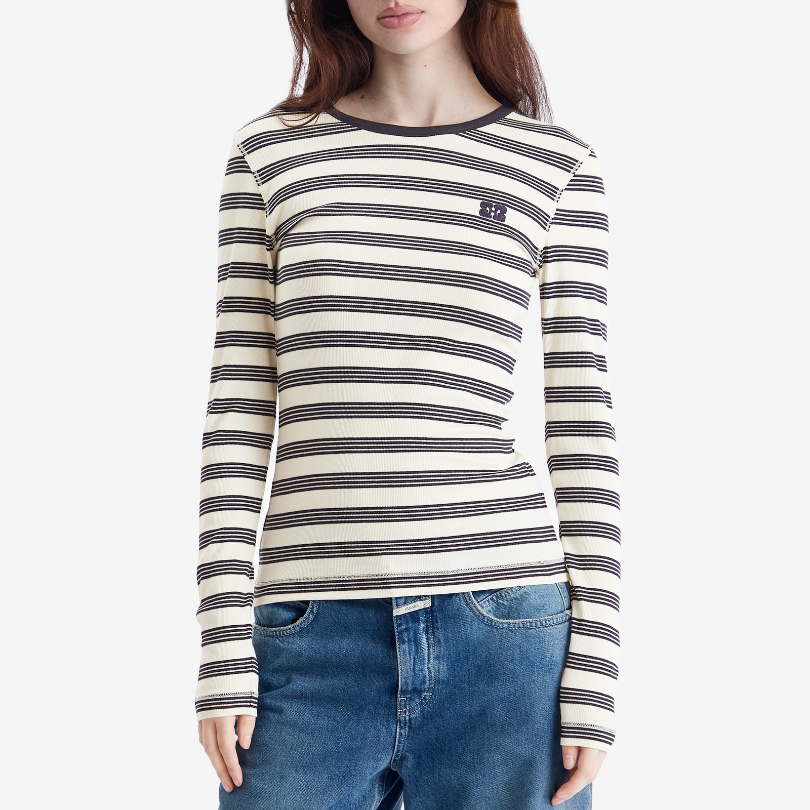 Tシャツ・カットソー GANNI RIBBED COTTON LONG SLEEVE T-SHIRT WITH STRIPED PRINT GANNI Striped Soft Cotton Rib Long Sleeve T-Shirt — MILI