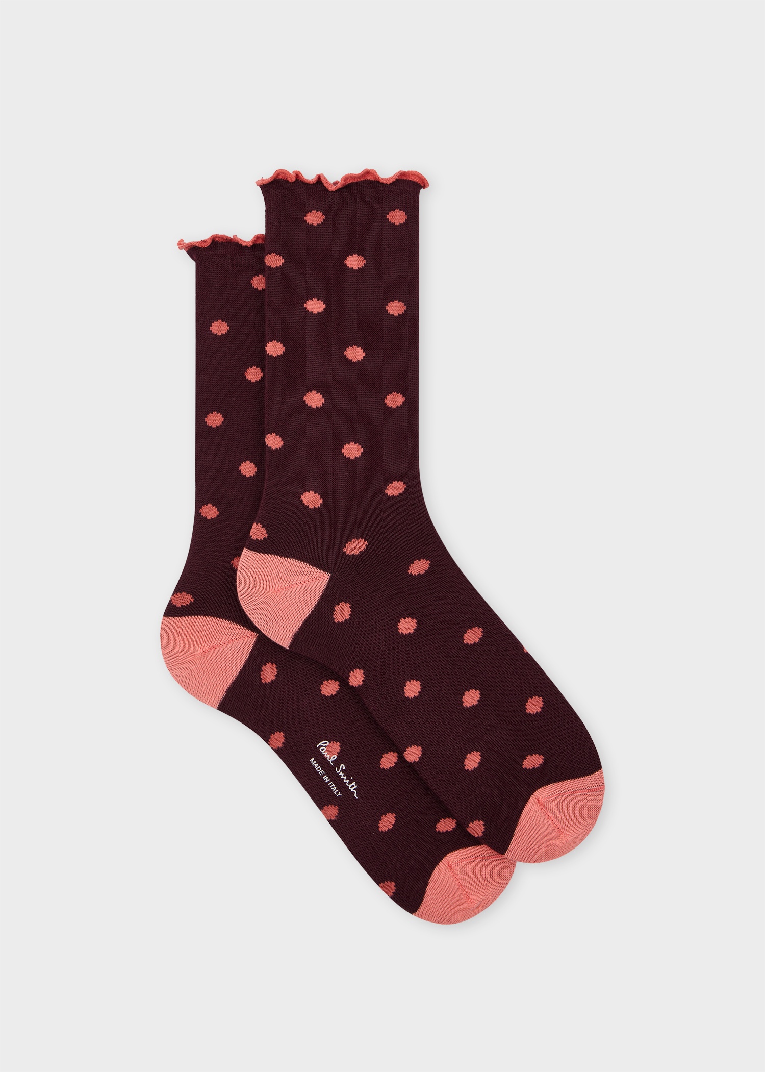 Women's Burgundy and Pink Polka Dot Frill Socks - 1