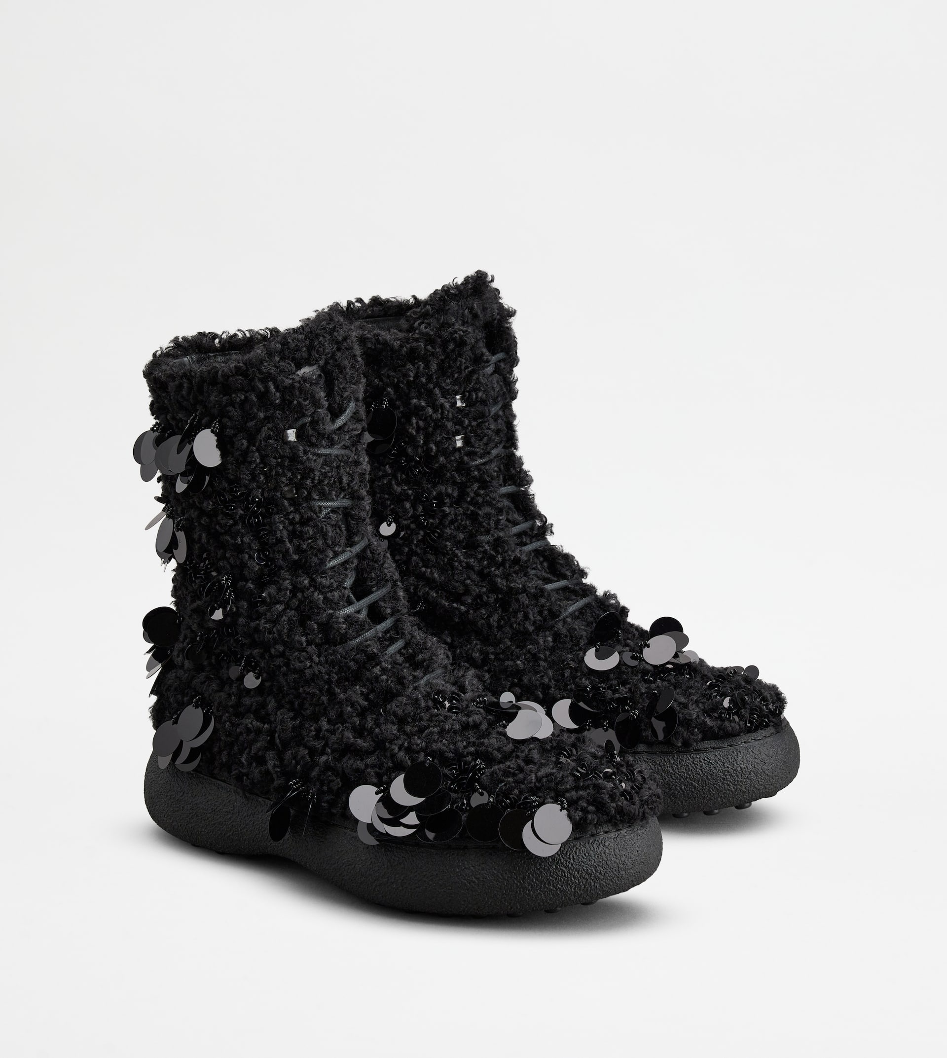 TOD'S W. G. LACE-UP ANKLE BOOTS IN FAUX FUR - BLACK - 3