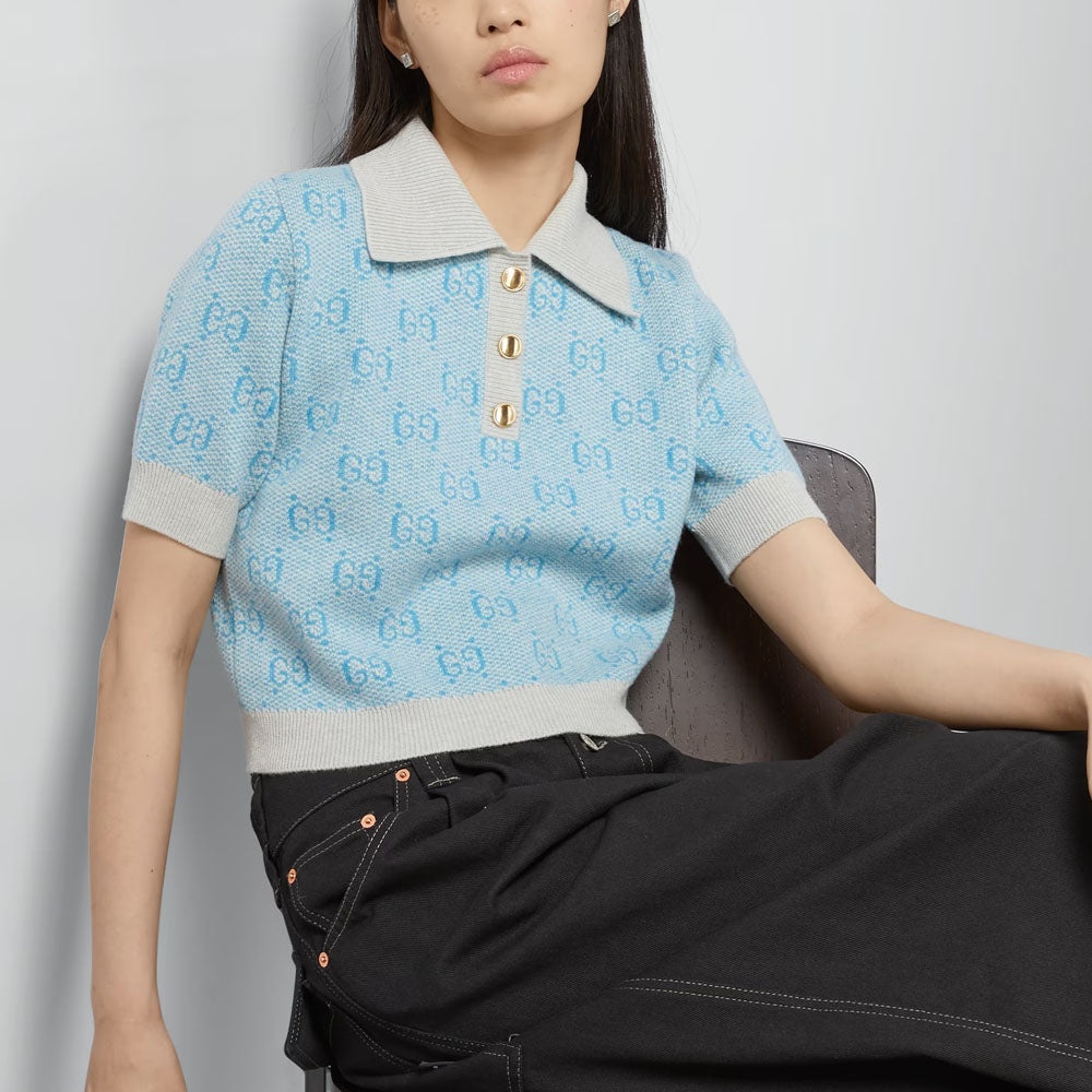 (WMNS) Gucci GG Wool Jacquard Polo 'Light Blue' 773631-XKDK5-4576 - 2