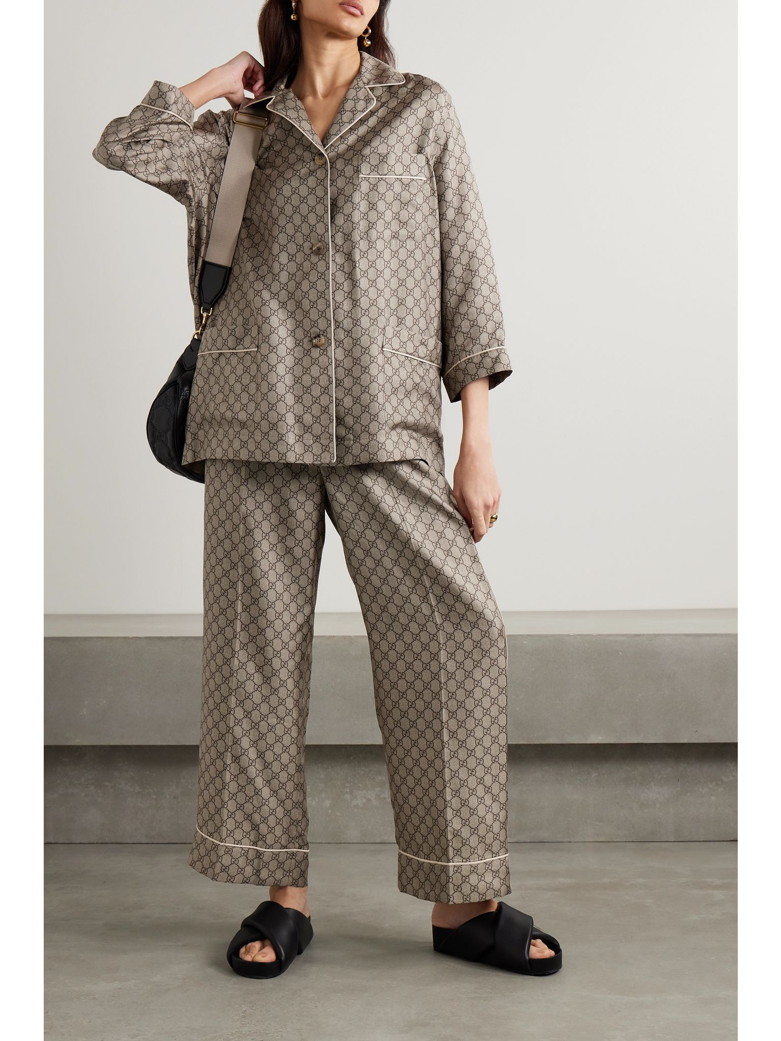 Cropped silk-satin jacquard wide-leg pants Camel - 2