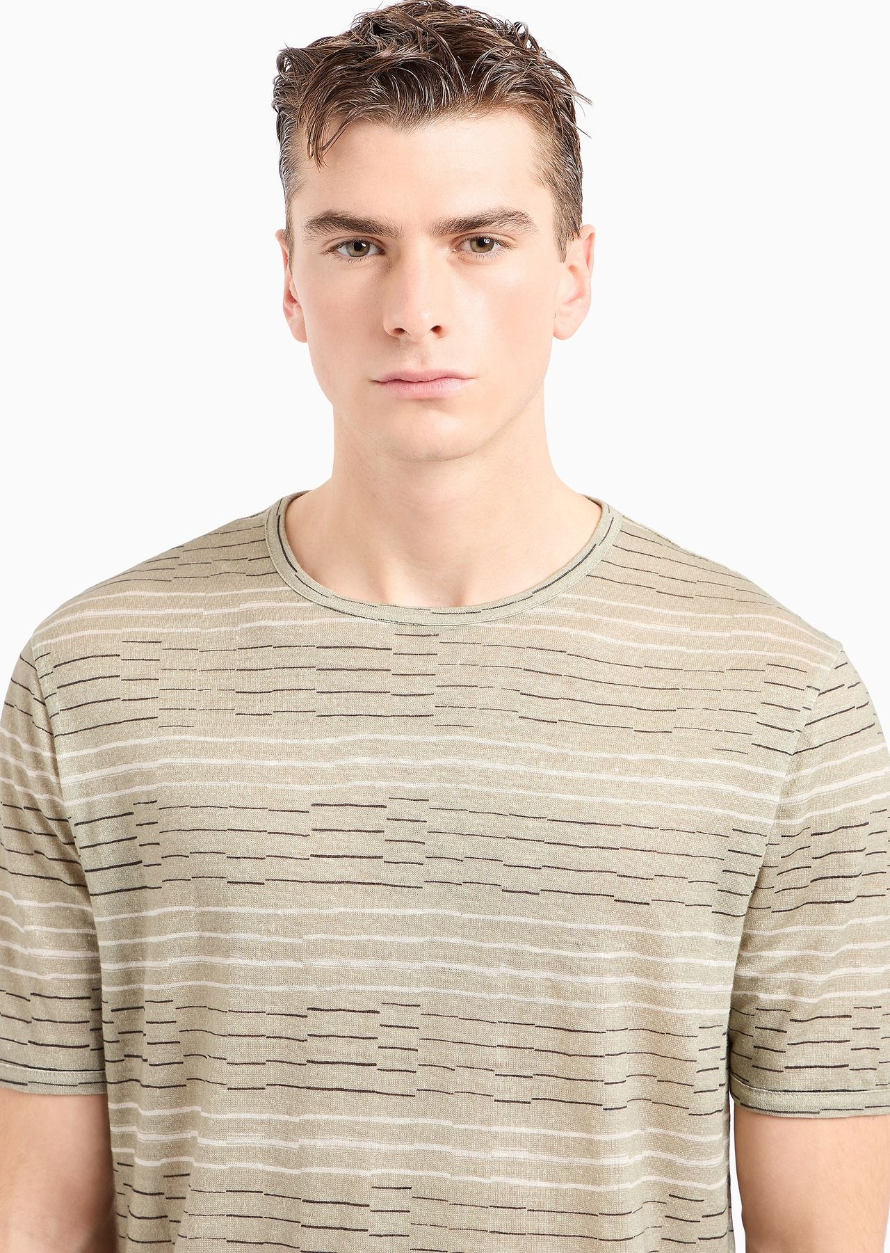 Irregular striped print linen crew-neck T-shirt - 5