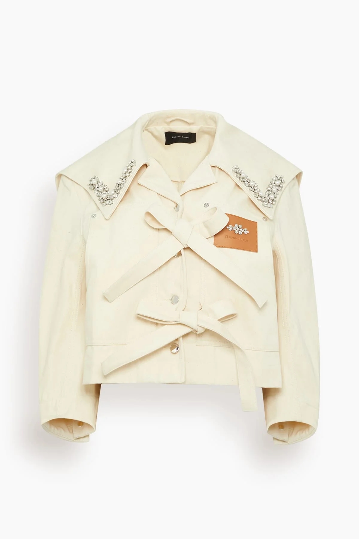 Cropped Sailor Collar Workwear Bow Jacket in Ecru/Pearl/Clear - 1