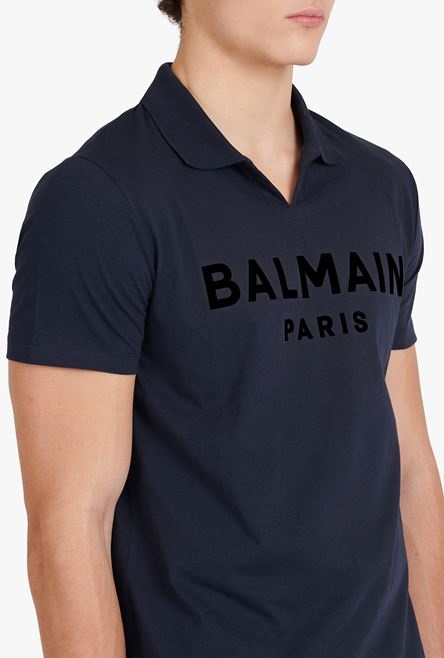 Navy blue eco-designed cotton polo with black Balmain logo print - 8