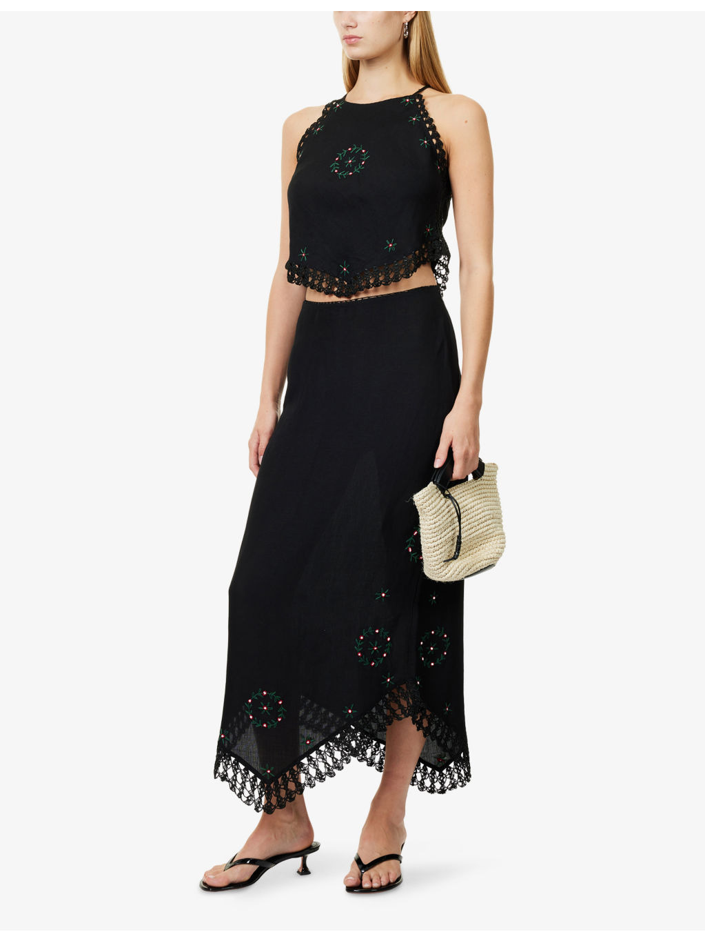 Imola Rose-Embroidered Linen-Blend Midi Skirt - 2