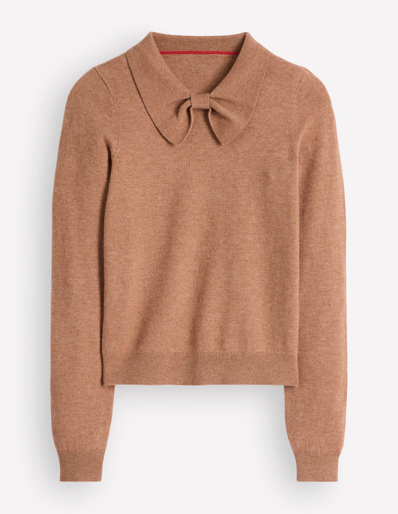 Bow Neck Knitted Sweater-Camel Melange - 1