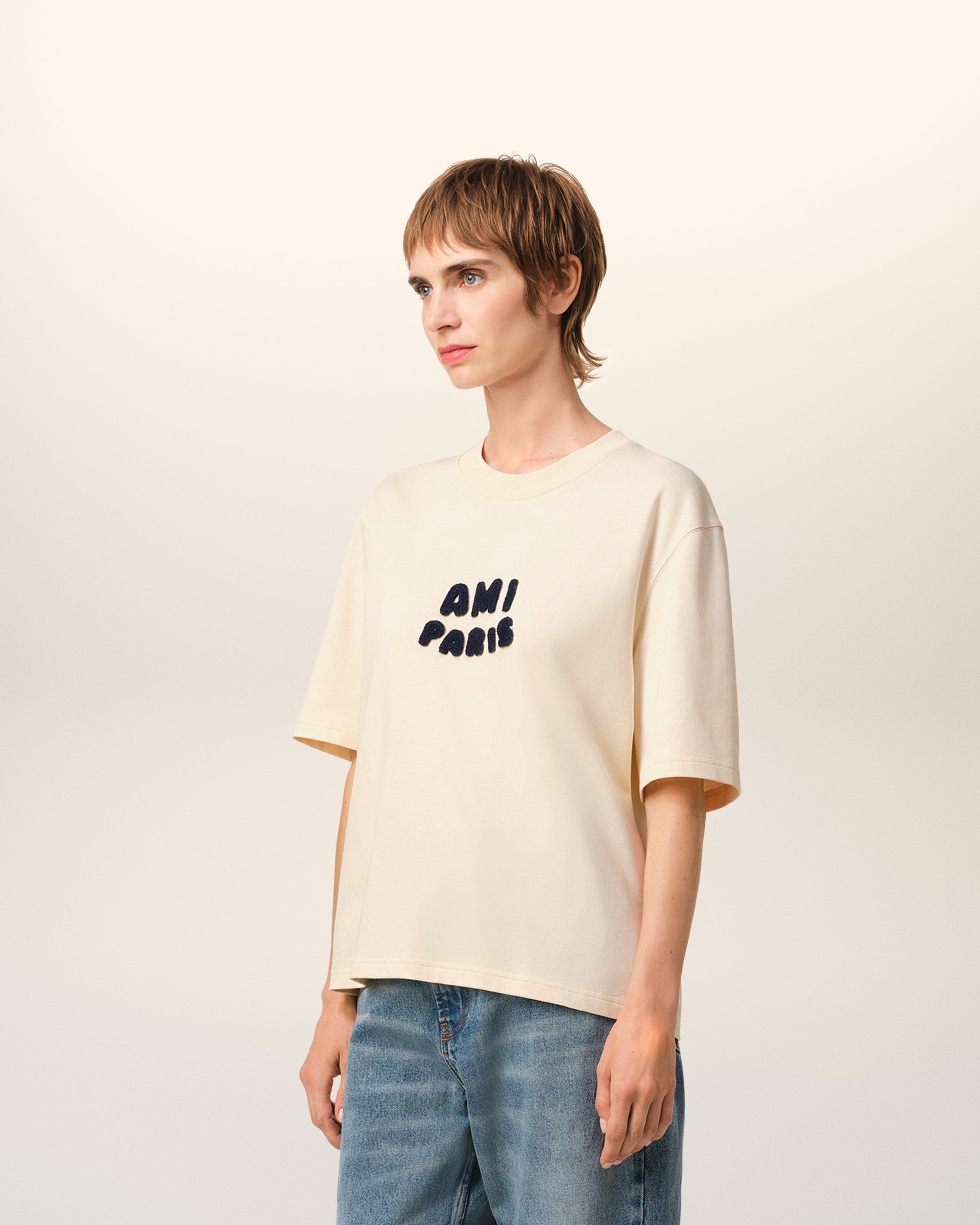 BEIGE COTTON AMI PARIS PATCH T-SHIRT - 6