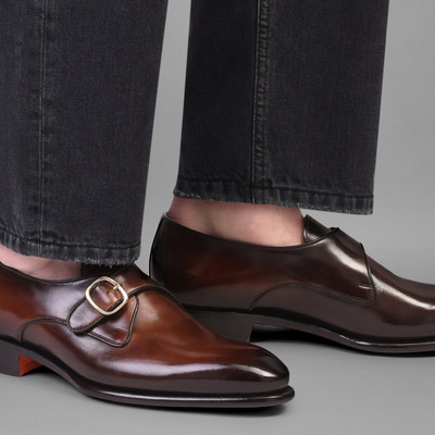 Santoni Men's brown leather single-buckle shoe outlook