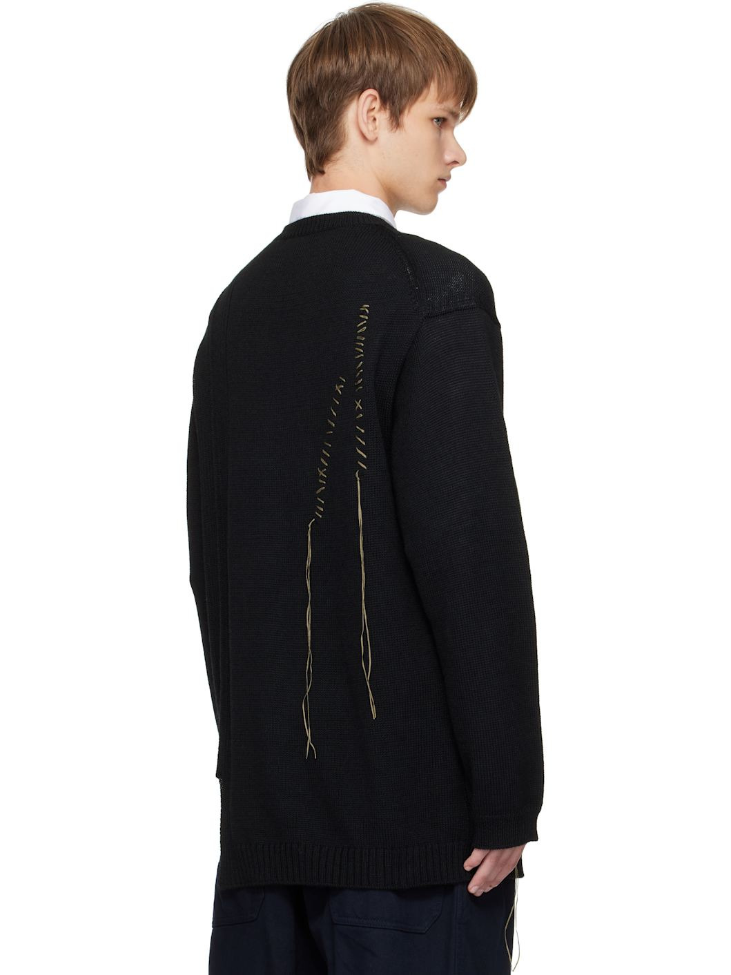 Black Plain Stitch Embroidery Round Neck Sweater - 3