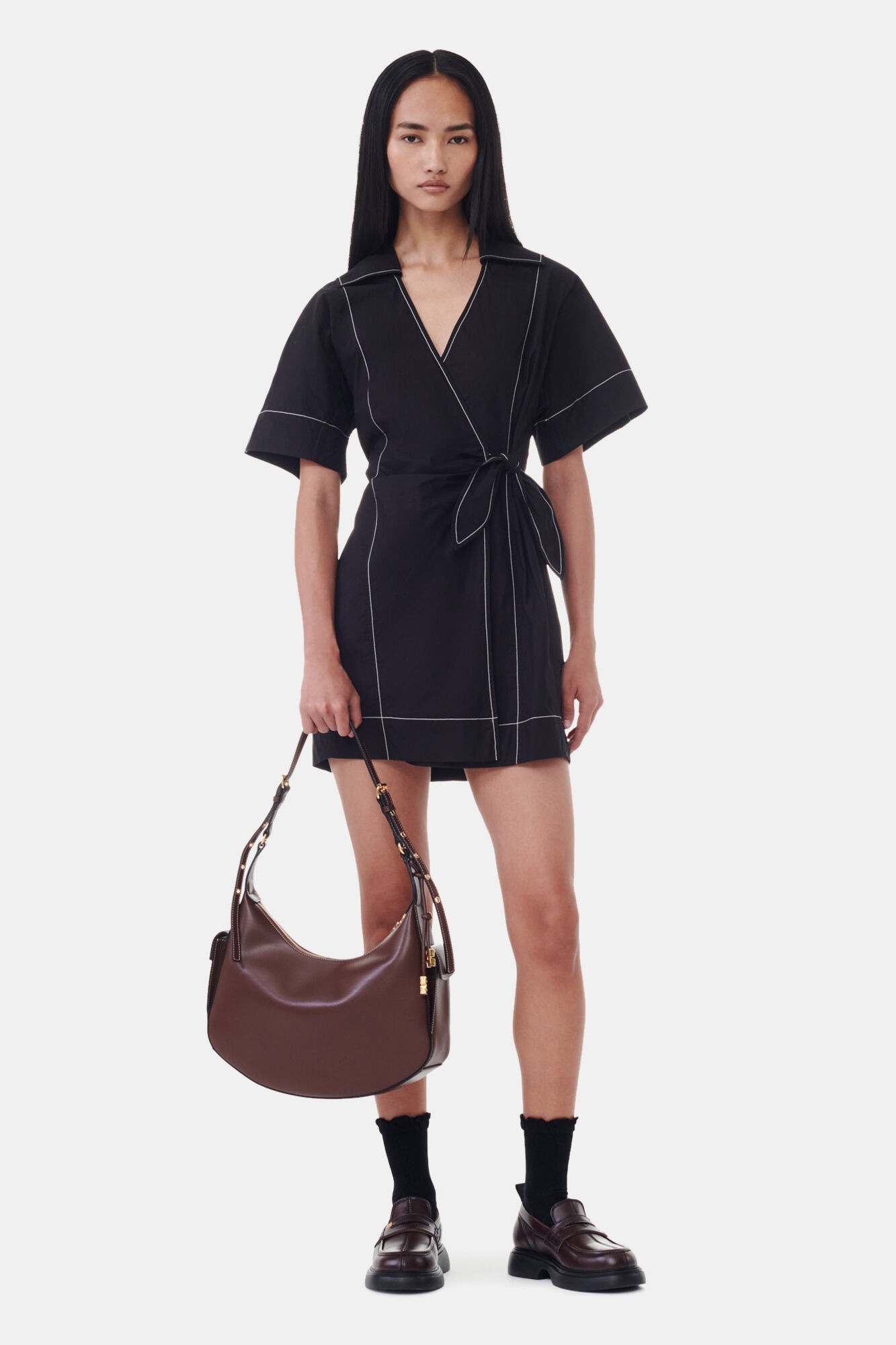 BLACK COTTON POPLIN WRAP MINI DRESS - 2