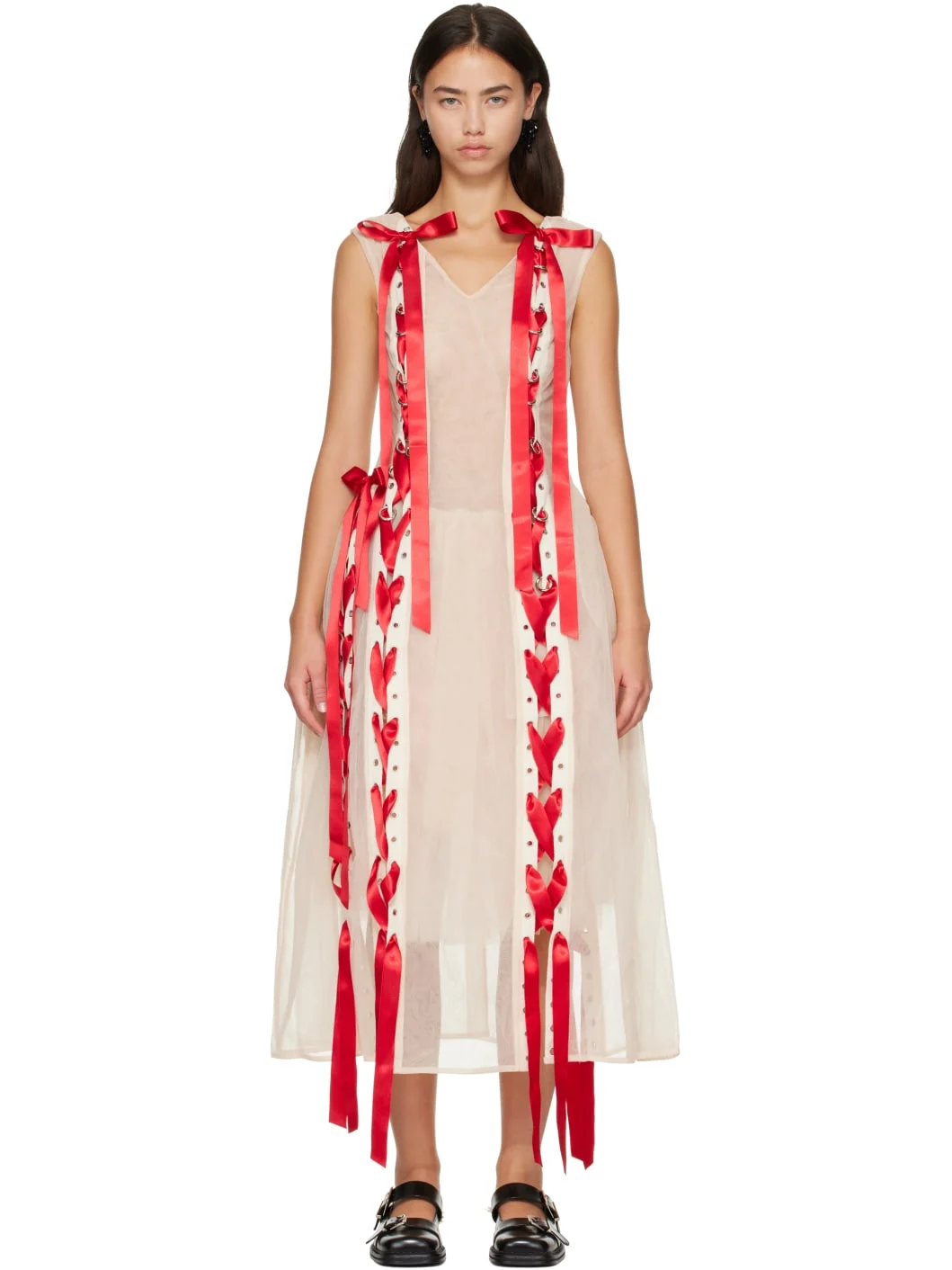 Beige Unraveling Ribbon Portrait Tutu Maxi Dress - 1