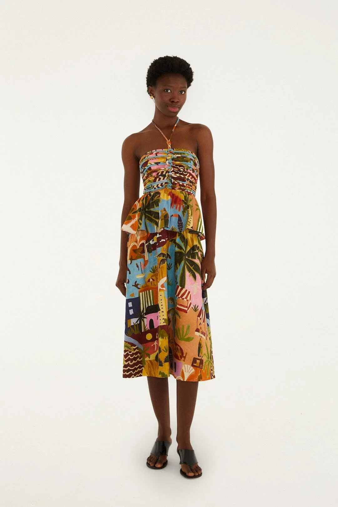 Multicolor Tropical Painting Lenzing Ecovero Euroflax Midi Dress - 1