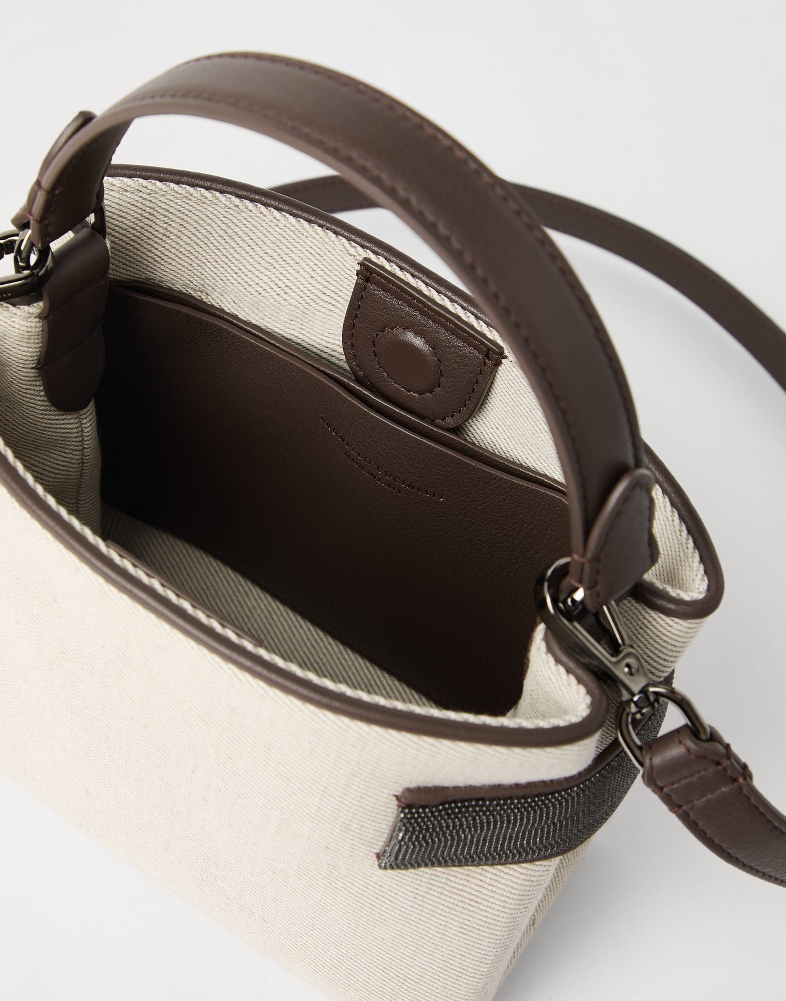 Essence small top-handle bag in cotton and linen drill with precious bands - 5