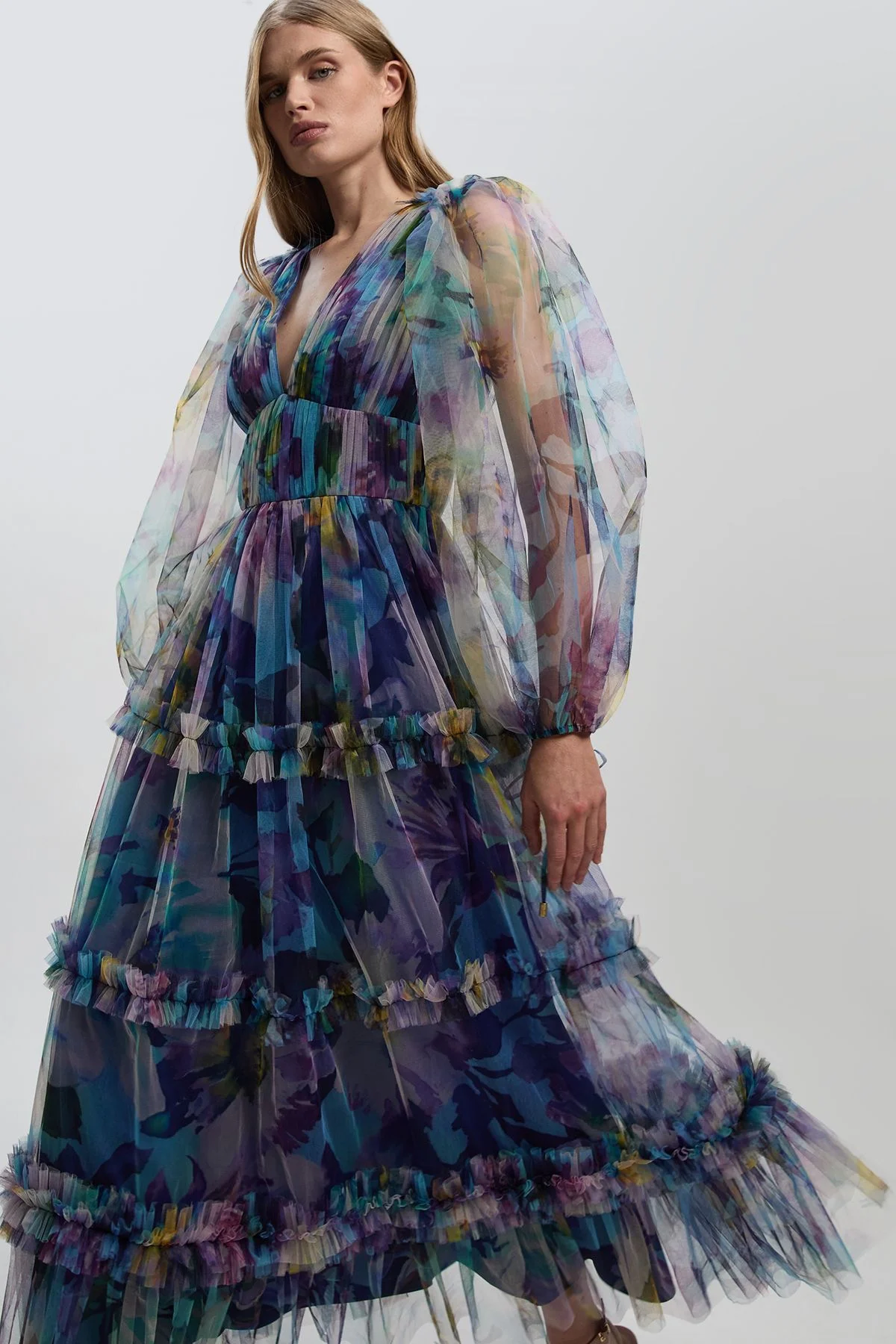 Dusky Floral Tulle Balloon Sleeve Plunge Woven Maxi Dress - 1