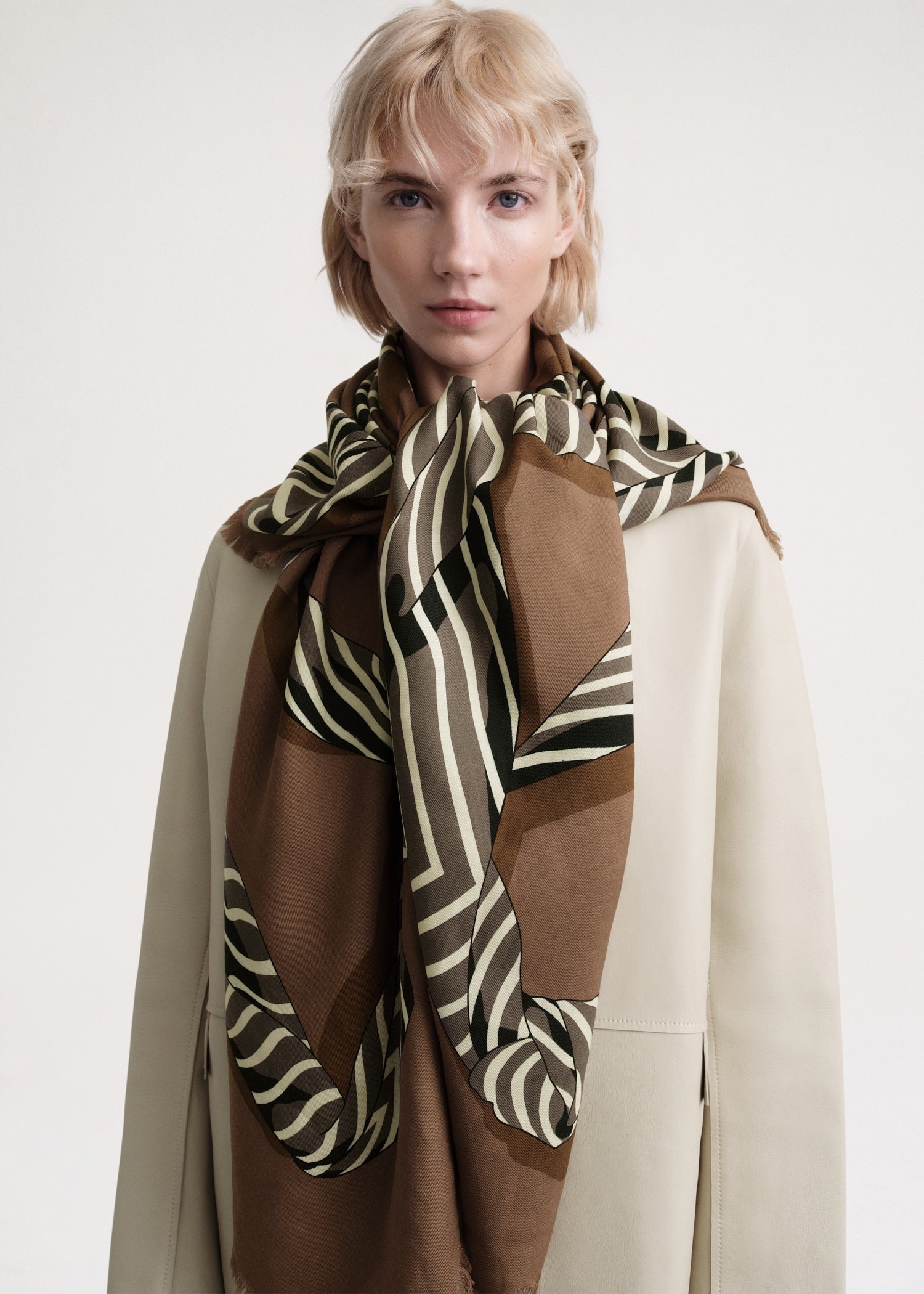 Knotted monogram wool silk blanket scarf brown - 3