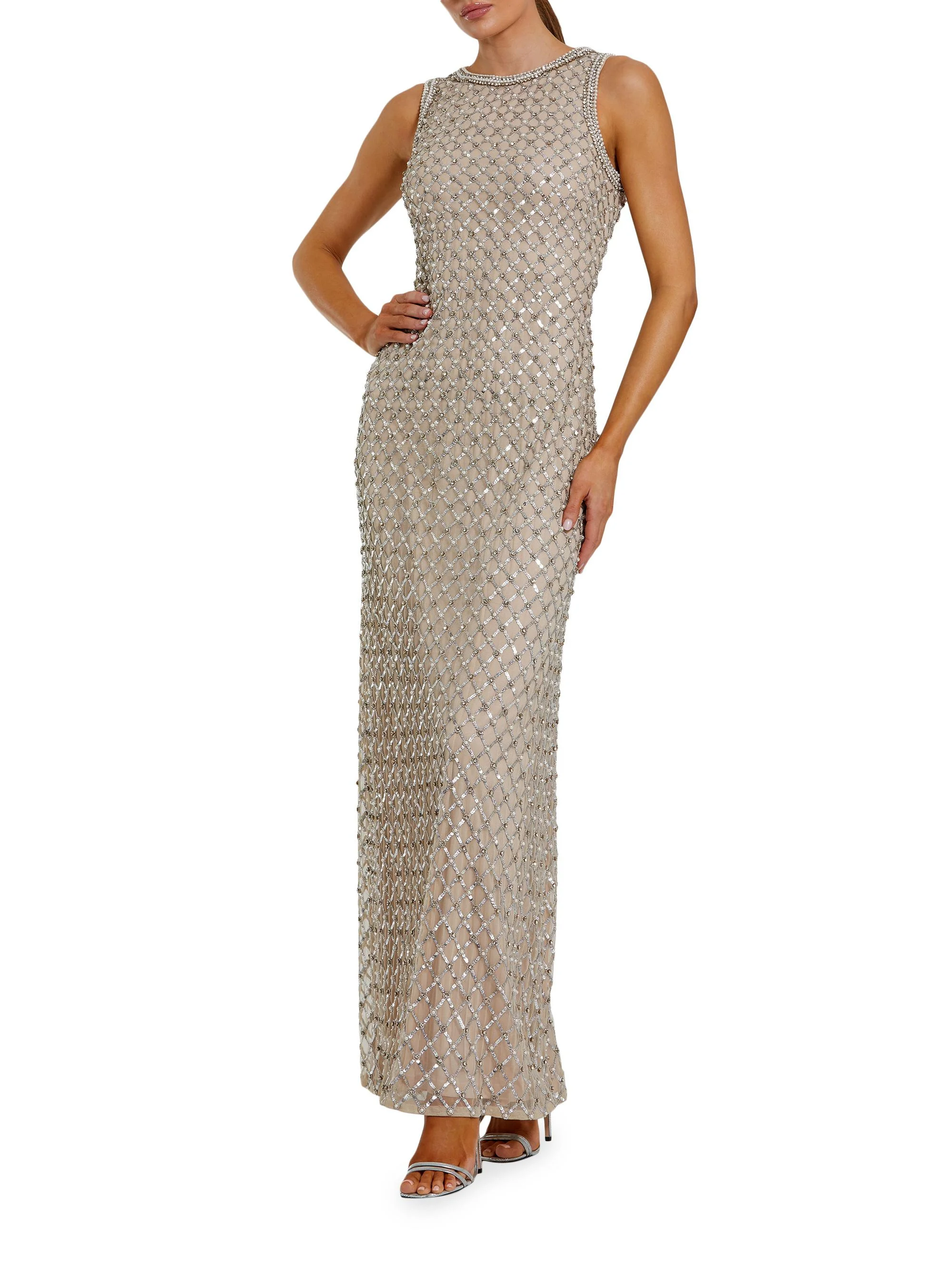 Women's Evening Sequined Mesh Column Gown - Silver Beige - 1